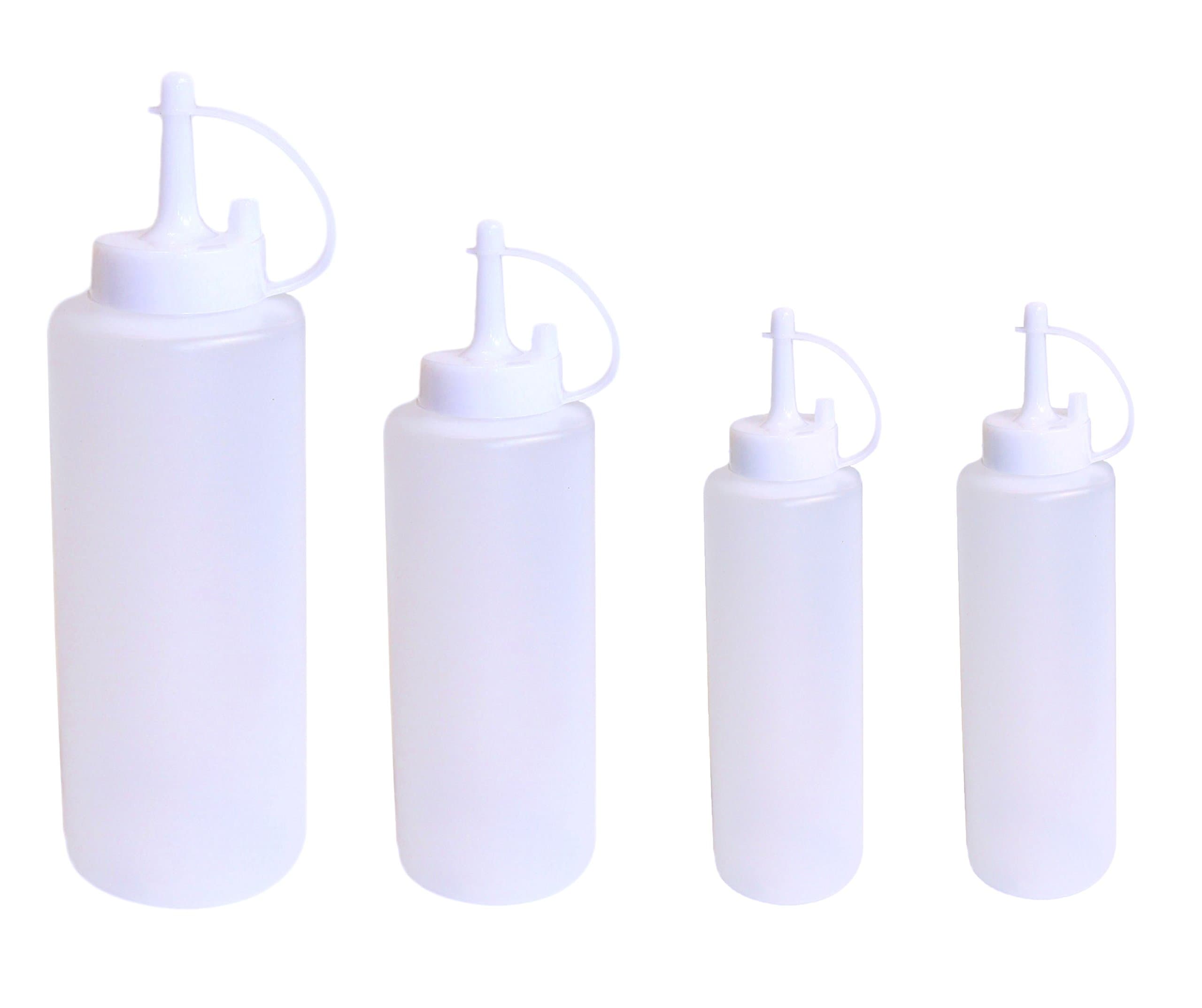 Set of 4 Plastic Squeeze Bottles with Caps in Assorted Sizes, Ketchup BBQ Sauce Dispensing Bottles