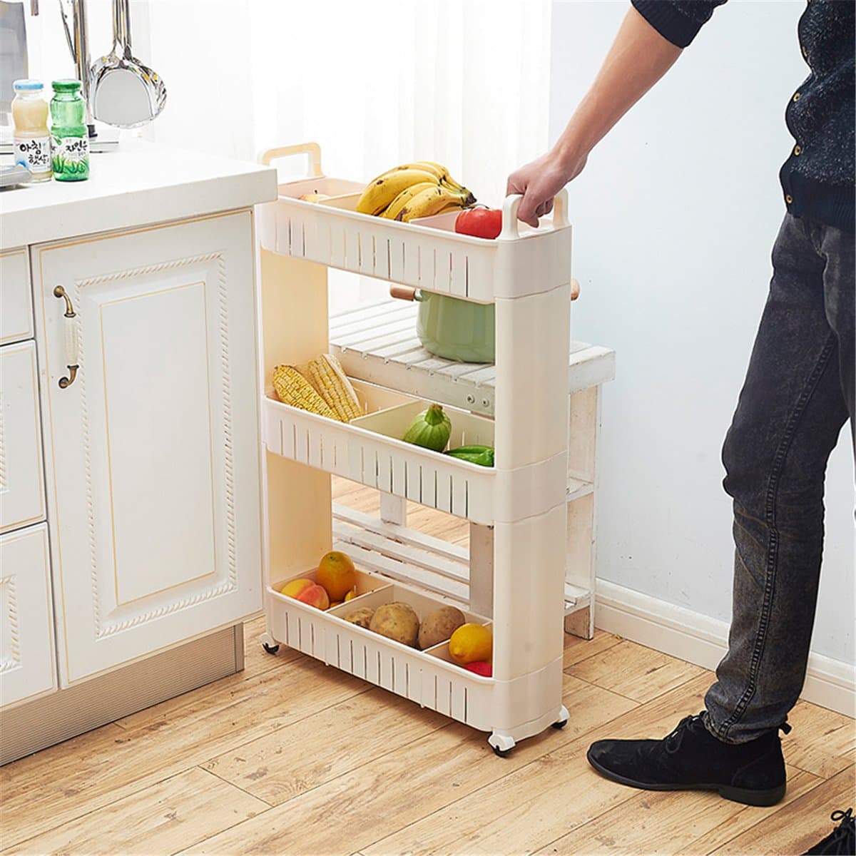 SJHO Sliding Storage Tower - Rolling Multi-Functional Shelf - White -3~4 Floors - Width 17CM+ Handle + Spacer,3Layers [Energy Class A]