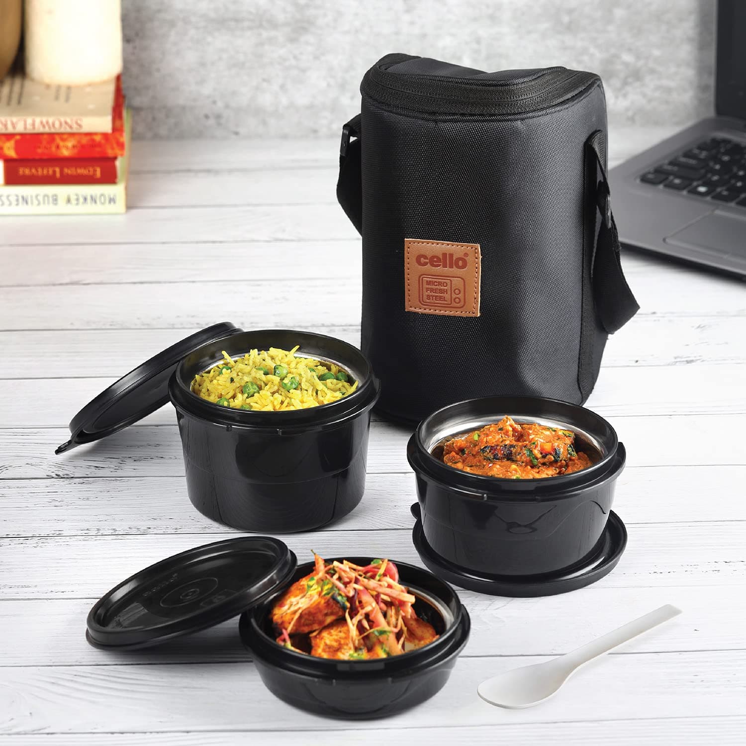 CELLO MF Click Lunch Box Set with Bag, 3 Containers, Black | Outer Plastic & Inner Stainless Steel Tiffin Box with Jacket | Leakproof Lunch Boxes | Ideal for College, Office