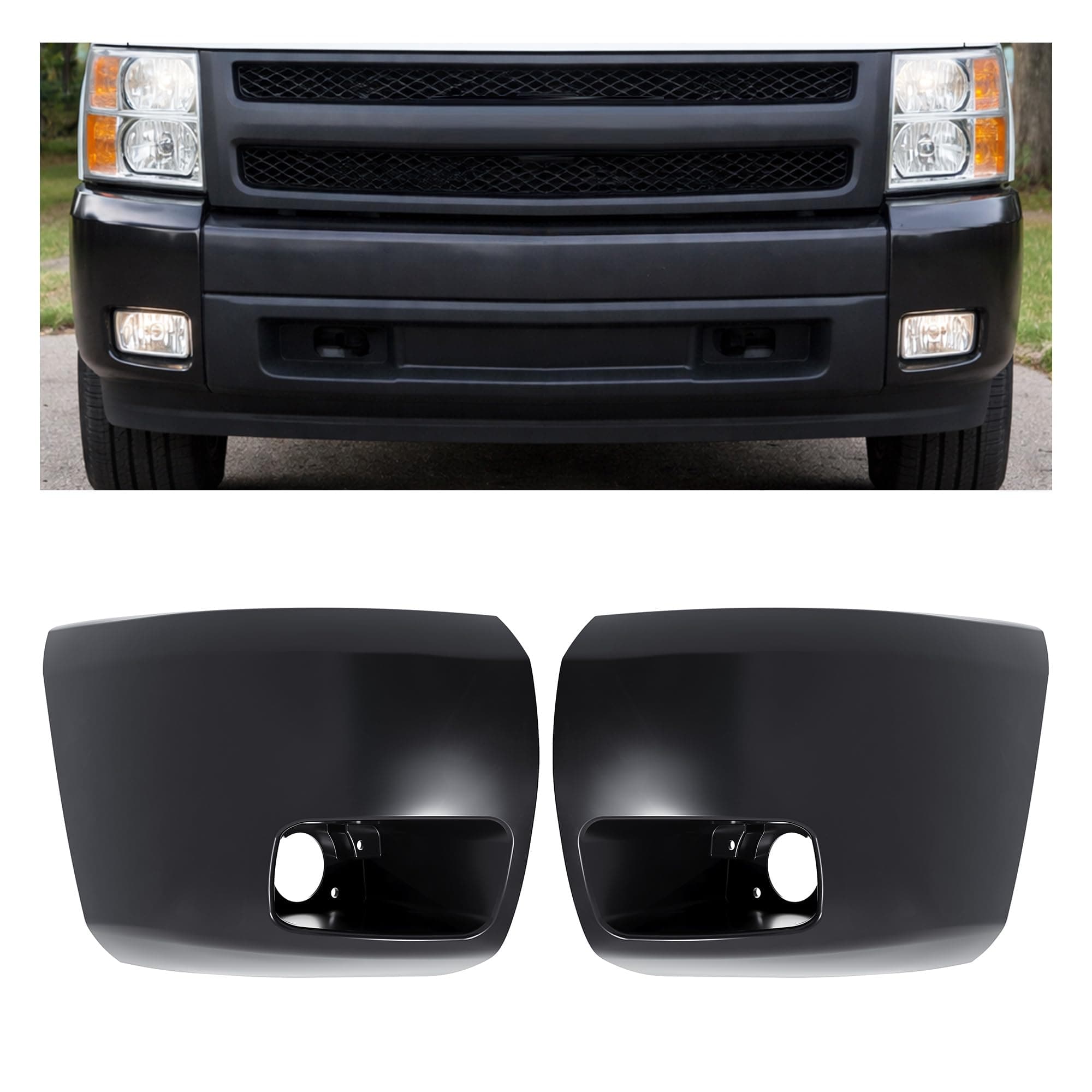 Front Bumper End Cap Compatible with 2007-2013 Chevrolet Silverado 1500 GM1005147 15891682 GM1004147 15891681 GM1004147C GM1005147C Bumper Corner Extension Cover W/Fog Light Hole