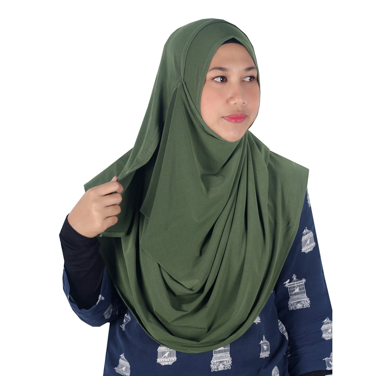 Womens Green Plain Double Loop Instant Hijab Scarf Ready To Wear
