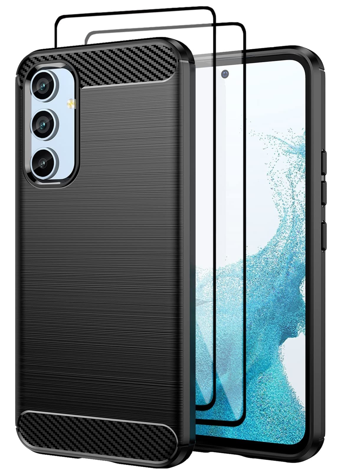 Case for Samsung Galaxy A54,with Tempered Glass Screen Protector [2 Pack], Carbon Fiber Scratch Resistant, Shock Absorption Soft TPU Drawing Protective Cases Phone Cover - Black