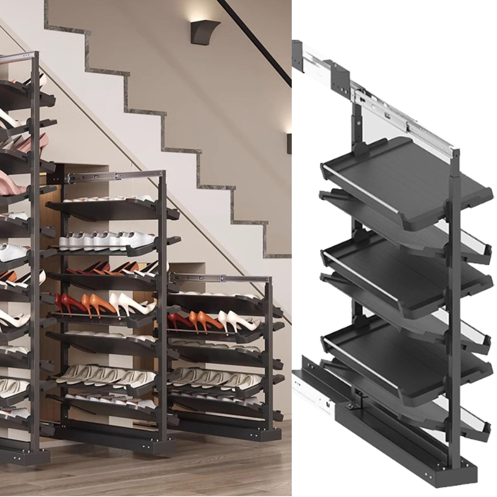 Pull-Out Shoe Rack Organizer for Closet Shoe Cabinet,Adjustable Height Retractable Metal Stackable Shoe Rack, Vertical Shelf Organizer for Small Bedroom Closet, Space Saving Storage, Black(63cm,6 Tier