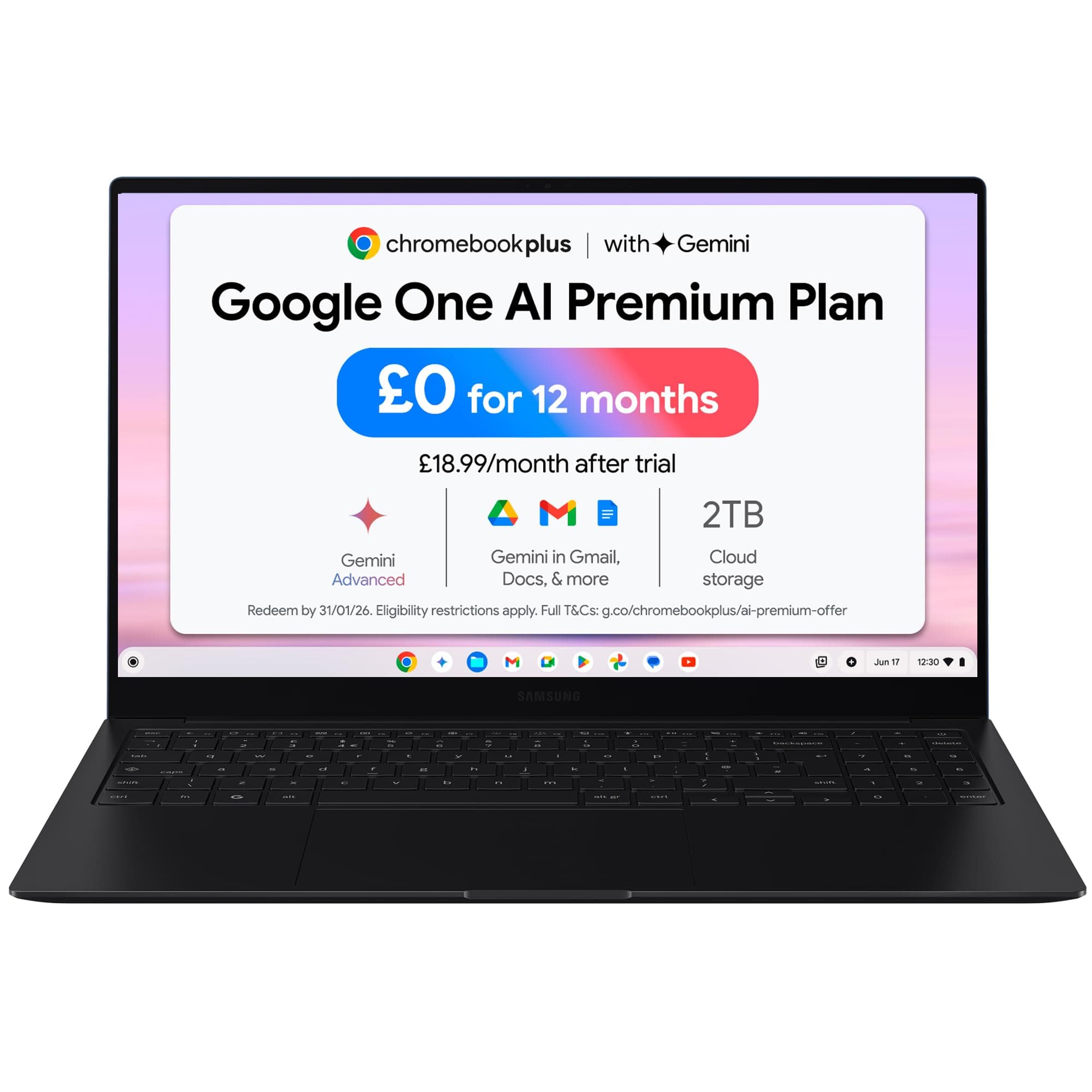 Galaxy Chromebook Plus Gemini AI Laptop, i5 Processor, Built in Gemini Quick Insert Key, 8GB Memory RAM 256GB Storage, Neptune Blue