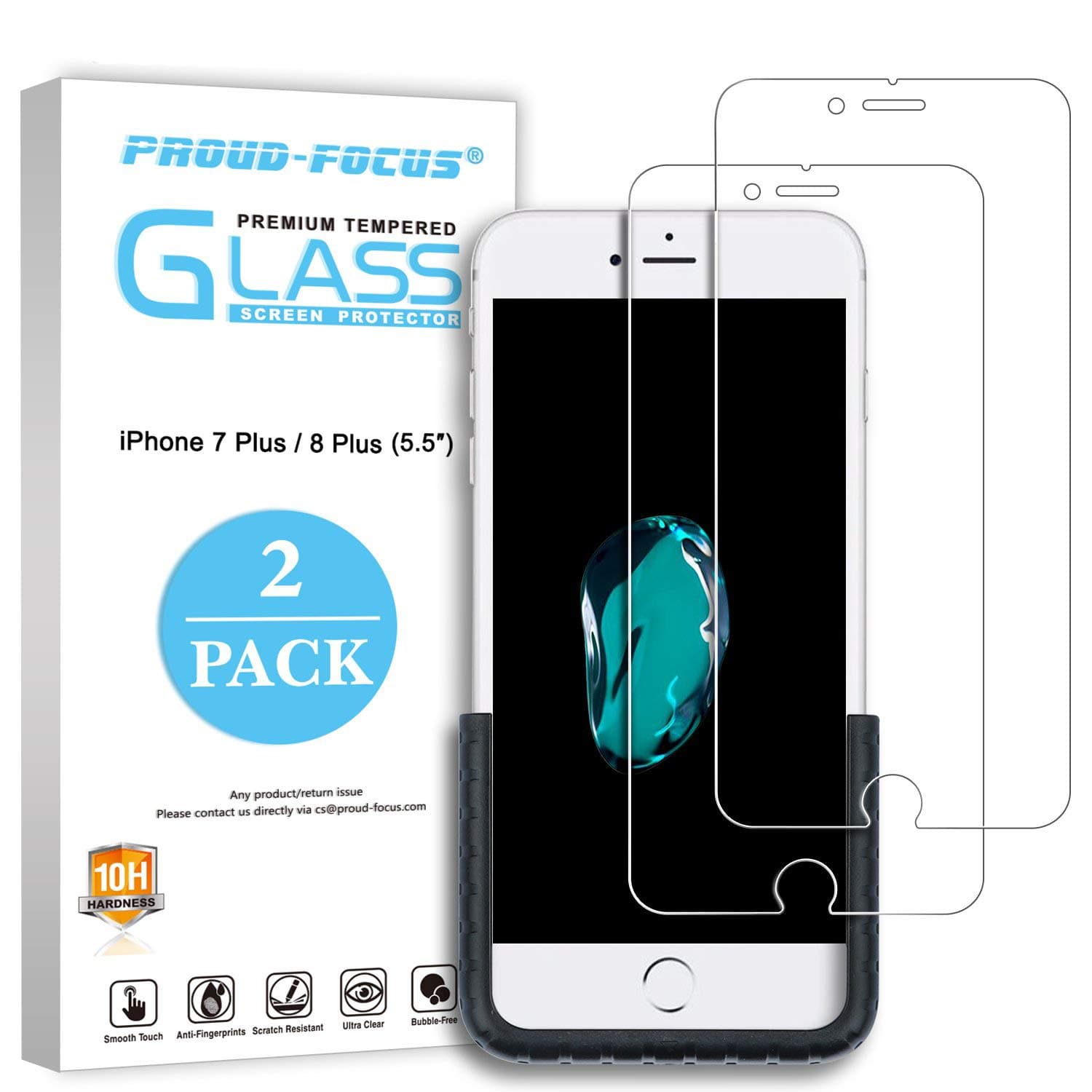 iPhone 7 Plus 8 Plus Screen Protector, Glass Screen Protector for Apple iPhone 8 Plus iPhone 7 Plus [0.2mm Ultra-thin] [Easy-applied Fixture] [10H Hardness HD Clear] Proud-Focus Screen Protector 2PACK