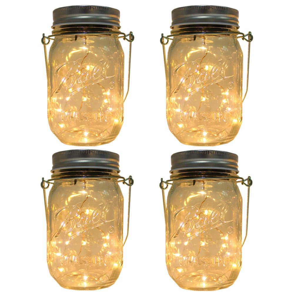 4-Pack Solar-powered Mason Jar Lights (Mason Jar / Handle Included),20 Bulbs Jar Hanging Light,Garden Outdoor Solar / Hanging Lantern,Decor Solar Light,Table Light,Patio Path Light,Warm White