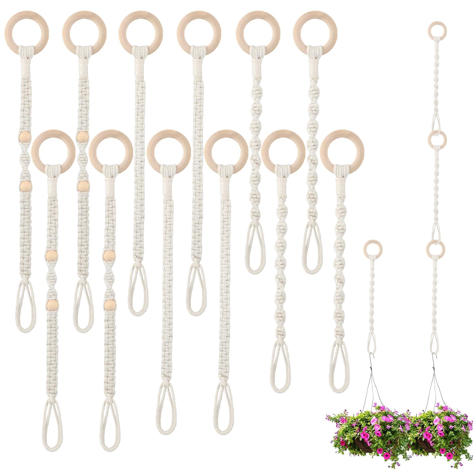 Windyun 12 Pack Connectable Macrame Extender for Hanging Plants Adjustable Plant Hanger Extenders Handmade Woven Rope Hanging Plant Basket Extender with Wooden Ring for Indoor Outdoor Plant Pot Holder