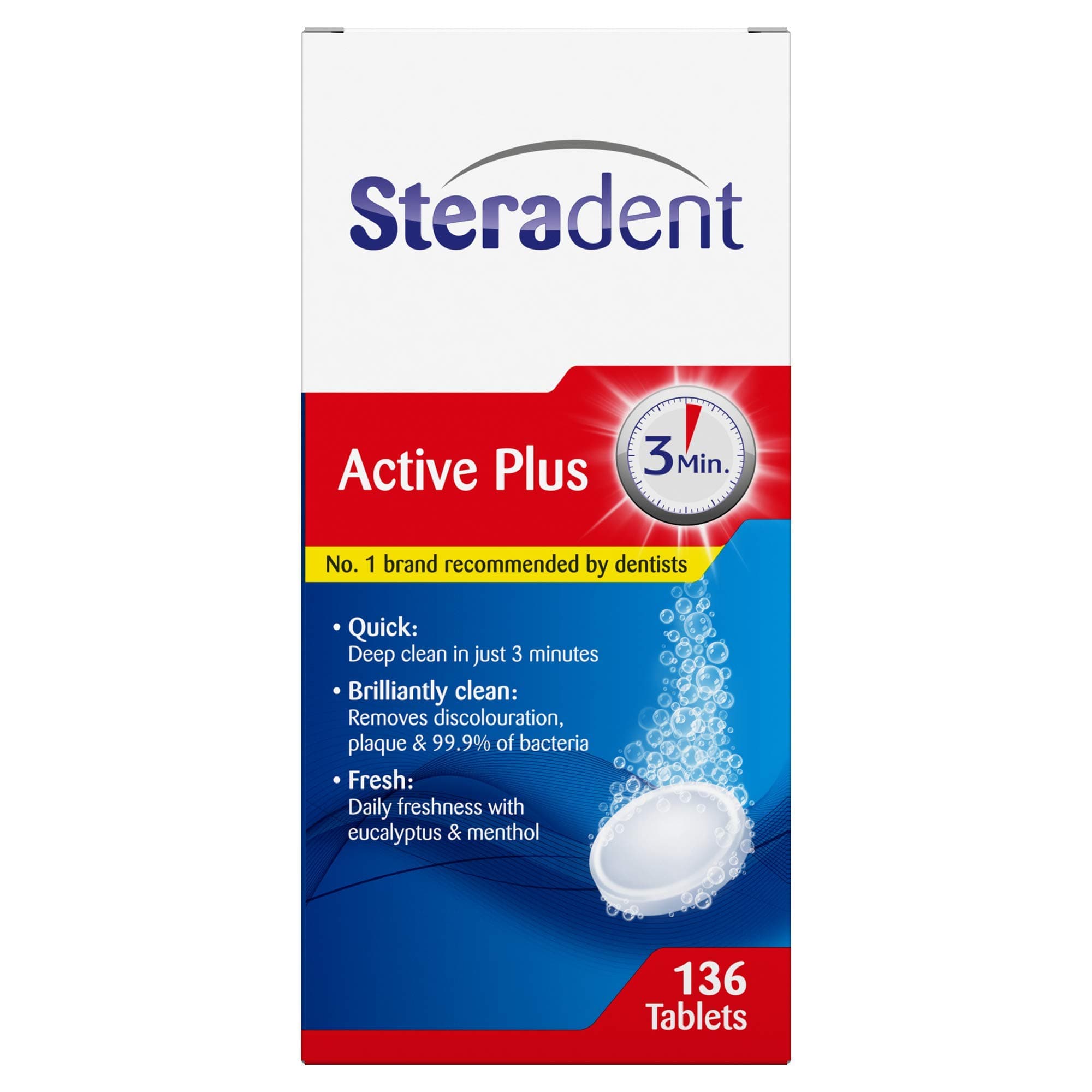 Steradent Active Plus, Denture Cleaning Tablets, 136 Tablets, Denture Care, Plaque Removal, Denture Tablets, Stain Removal, Deep Clean In 3 Minutes, Cleansers, Denture Care