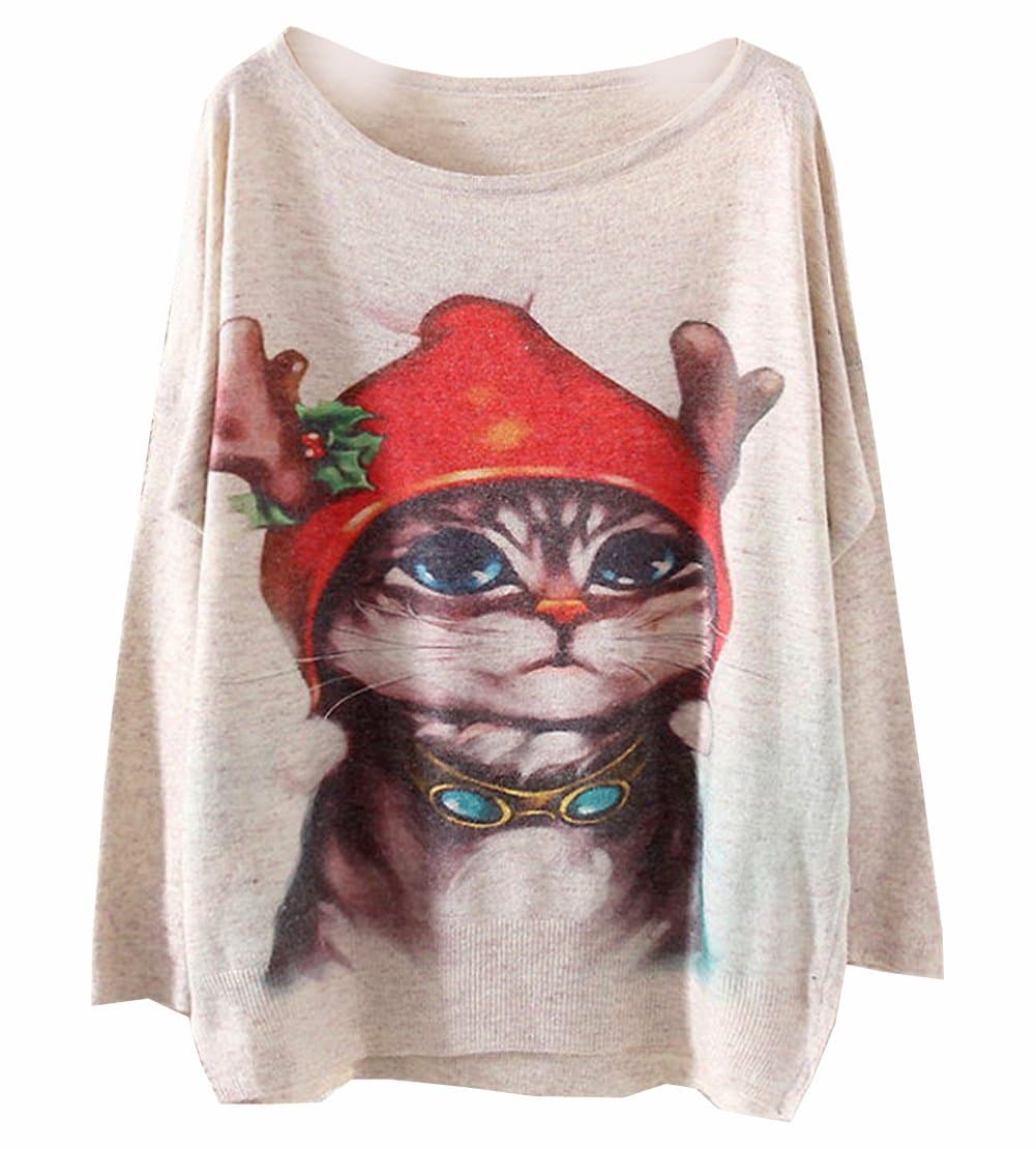Women's Sweater PullOver Jumper Vintage Cat Winter