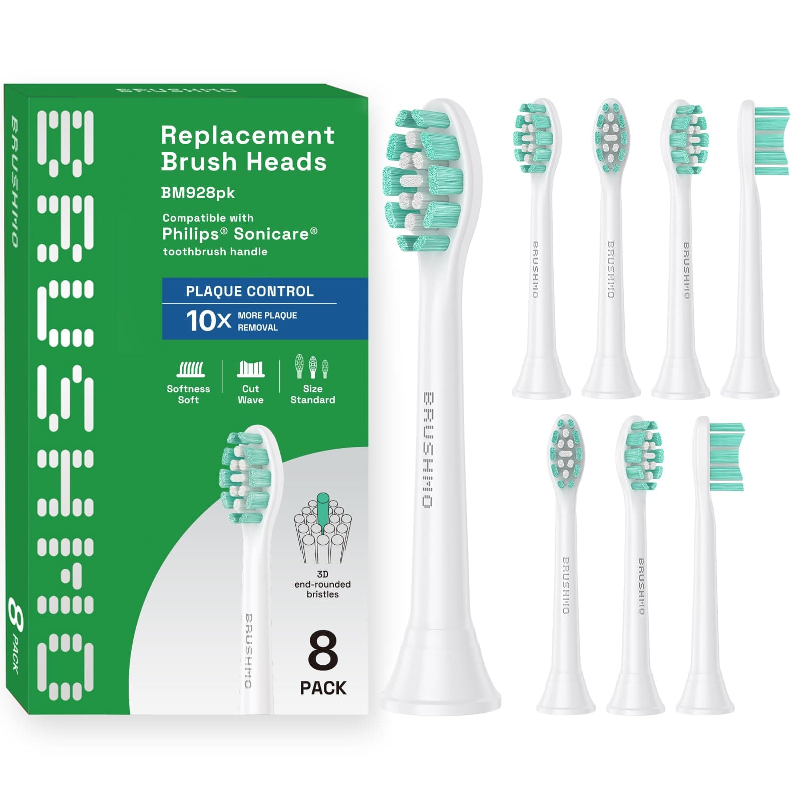 - Brushmo Plaque Control Replacement Toothbrush Heads, Compatible with Philips Sonicare Click-on Electric Toothbrush Handles, 8 Standard Replacement Heads, Soft Dupont Bristles, BM928, White