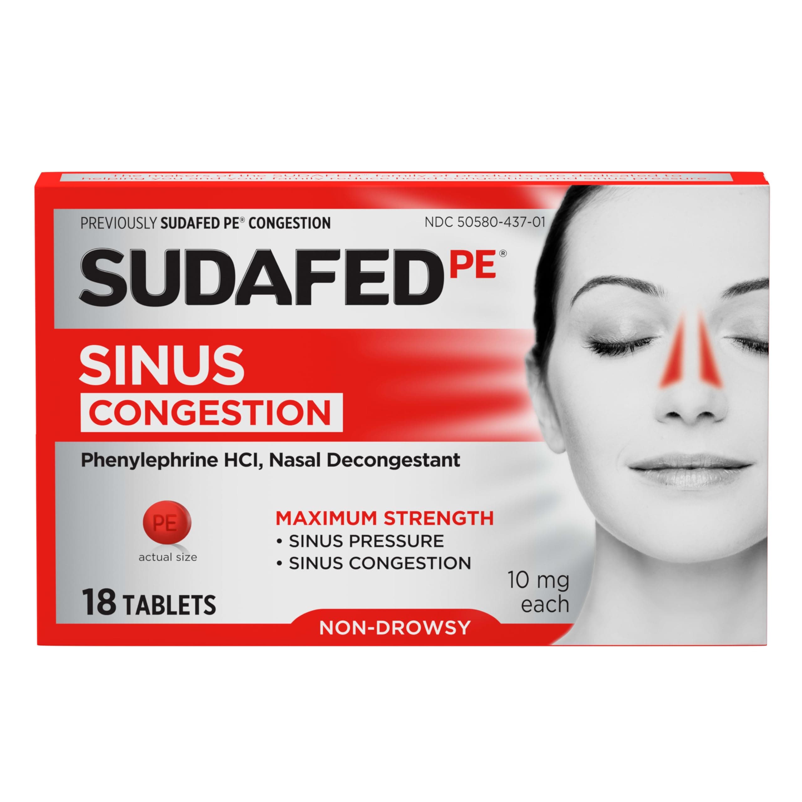 PE Sinus Congestion Relief Tablets, Maximum Strength, Non-Drowsy 10 mg Phenylephrine HCI Decongestant for Sinus Pressure & Nasal Congestion Relief from colds or Allergies, 18 ct