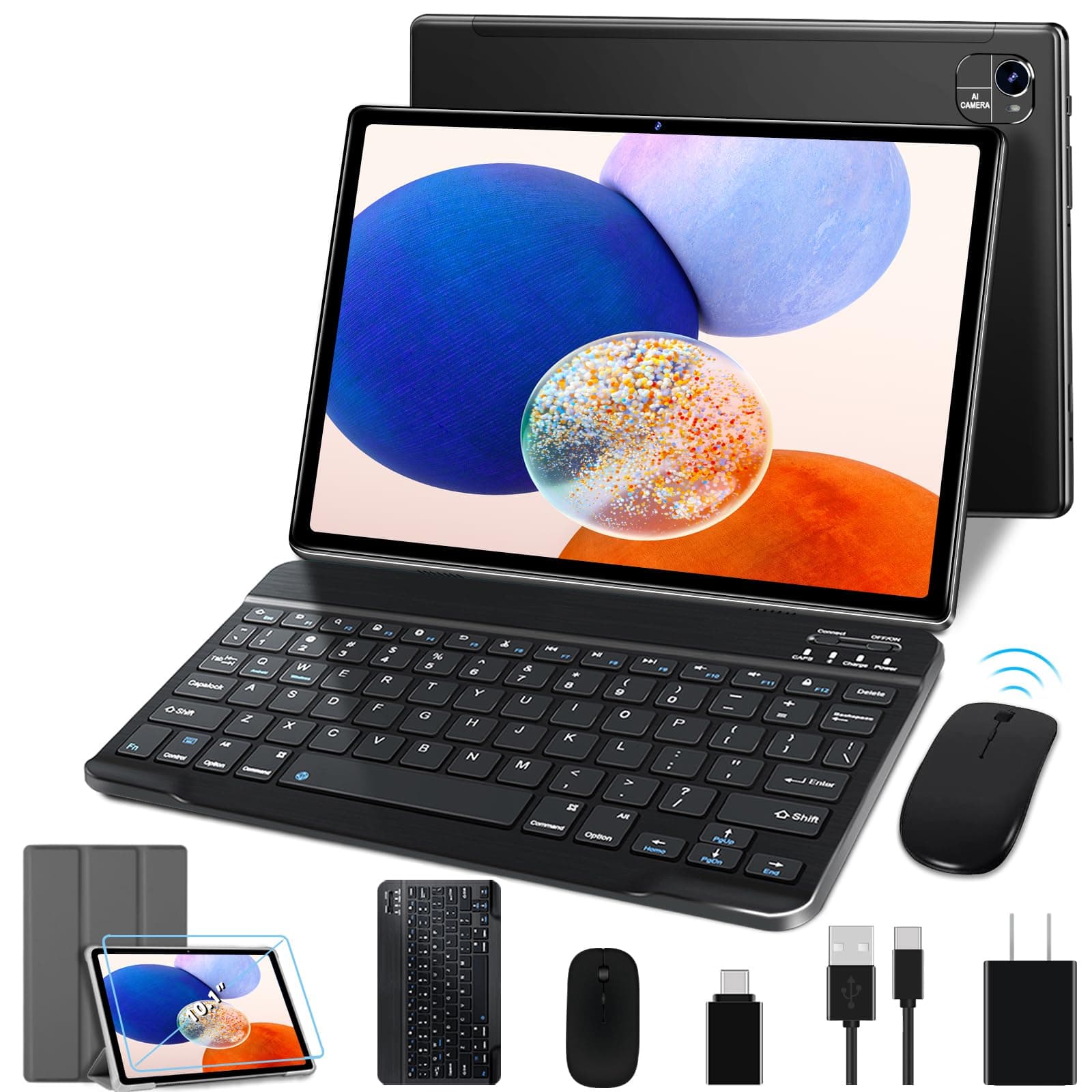 Tablet Android 10 inch Octa-Core 2.0 GHz, 2 in 1 tablet 14GB RAM 128GB ROM TF 1TB, 5 + 8MP Camera, 8000mAh Battery, 5G WiFi, Bluetooth 5.0, HD IPS Screen, Tablet with Keyboard and Mouse, Black