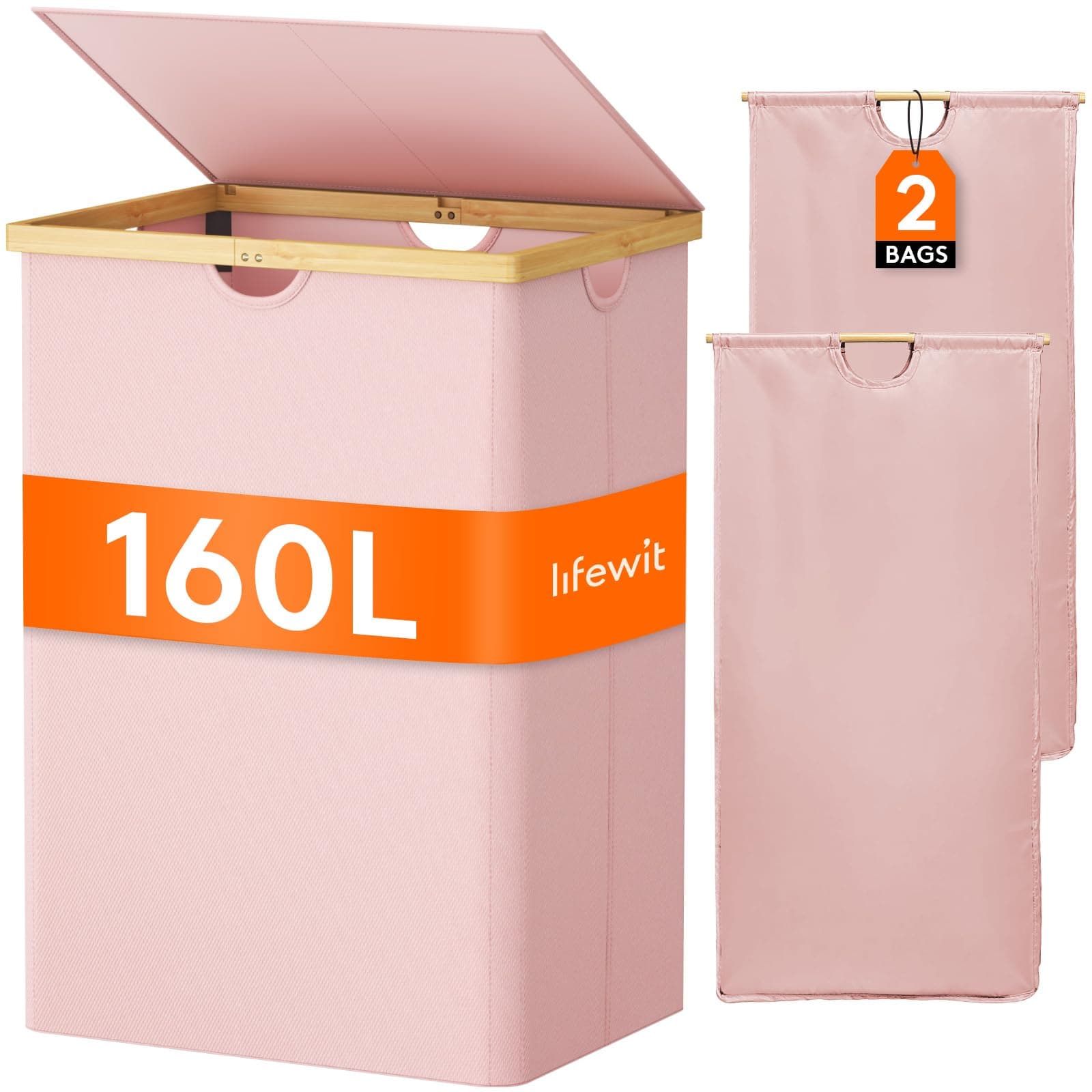 Lifewit 160L Double Laundry Hamper with Lid, Extra Large Bamboo Laundry Basket Dirty Clothes Hamper, 2 Section Laundry Bin Organizer for Laundry Room Bedroom with 2 Removable Liners & Bags, Pink