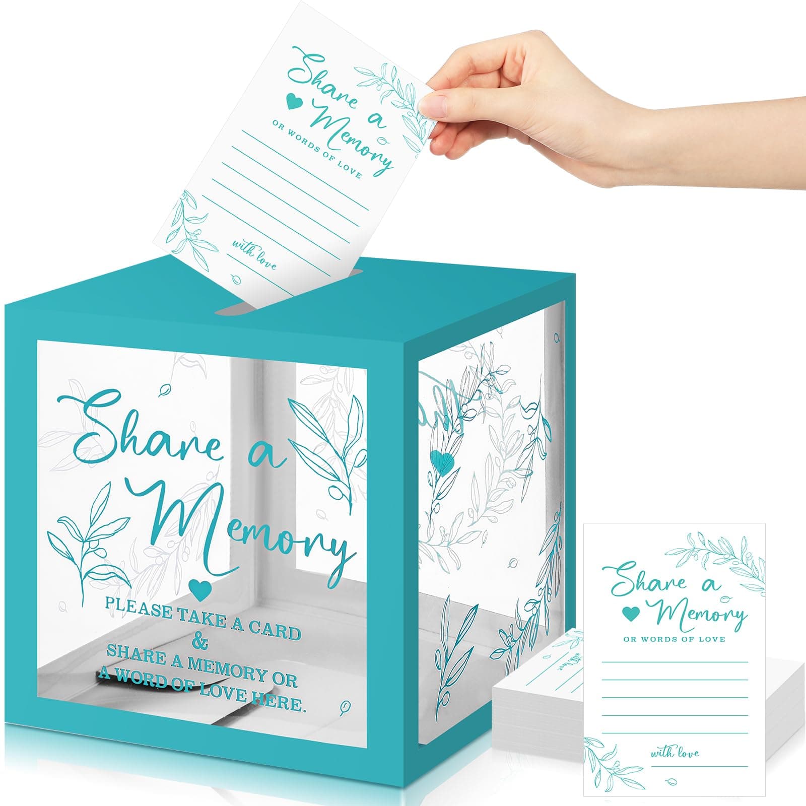 50 Pcs Greenery Share a Memory Card for Celebration of Life Memory Cards Box with Transparent Windows Memory Box for Funeral Wedding Birthday Graduation Bridal Shower Guest Card Ideas (Blue)