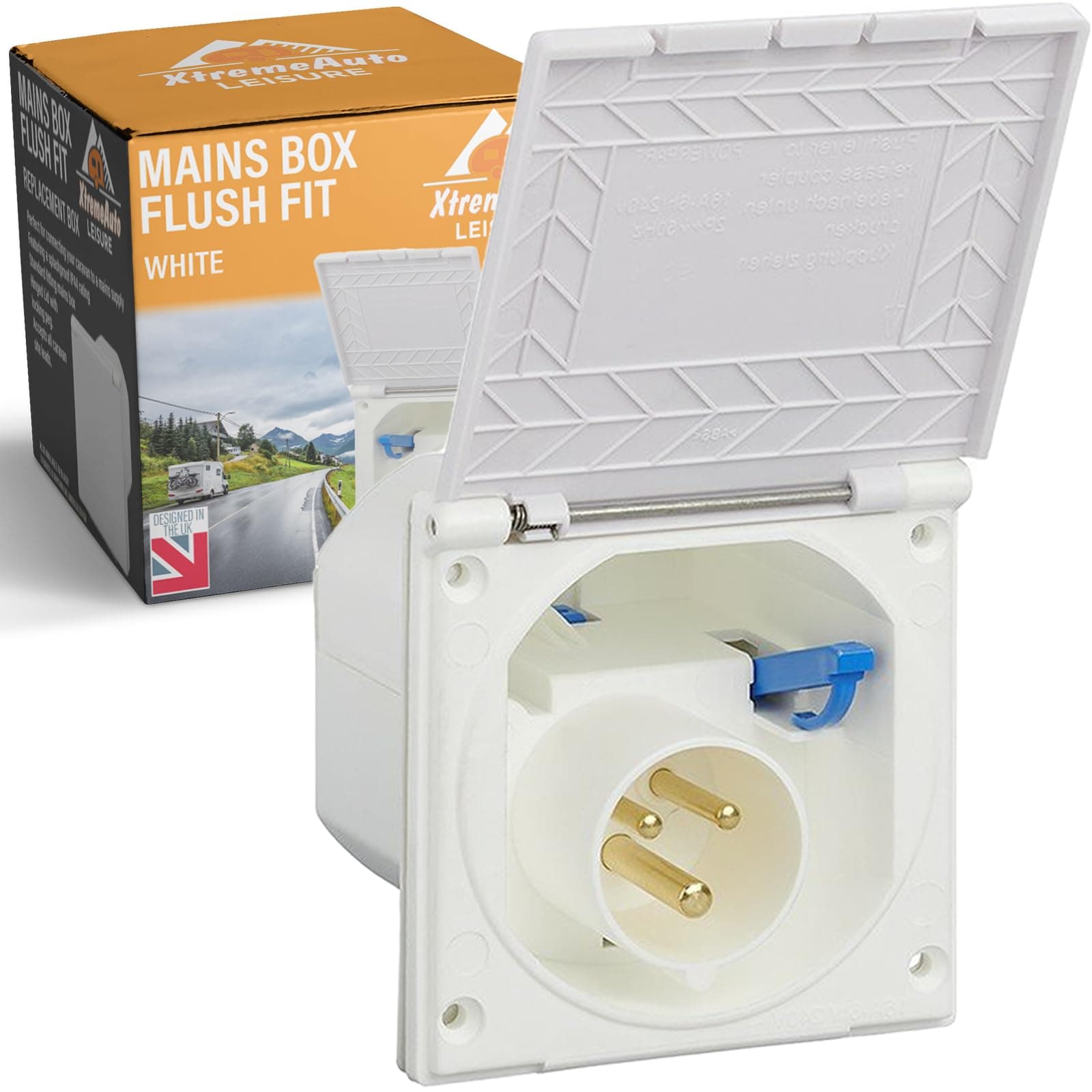 240V Mains Flush Fit Socket Box - Caravan 16 Amp Socket, 16Amp Campervan Inlet Hookup Cable Plug, To Most Caravans & Campervans External 16A Sockets (White)