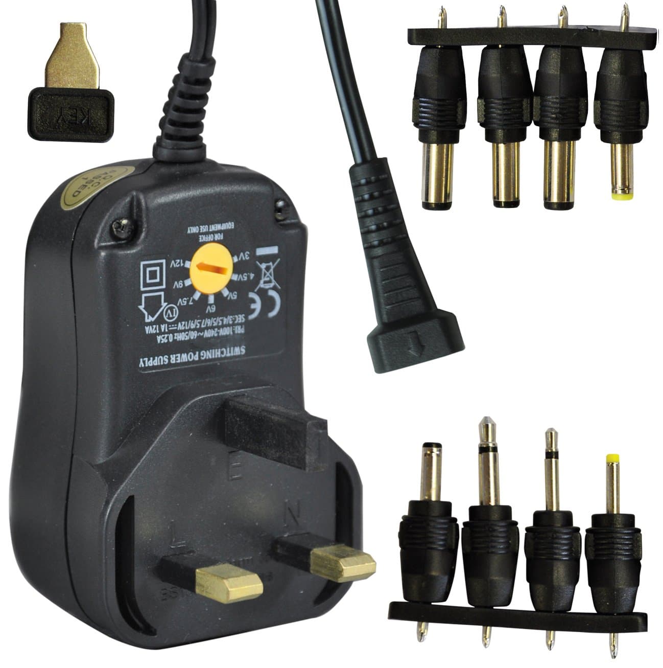 DTL by SXEY Electronics LtdUniversal Regulated Power Supply 1.0A, 3V-12V, 1000mA, 8 DC Jacks, Black, Type G Plug, Worldwide Voltage, AC/DC 50/60Hz