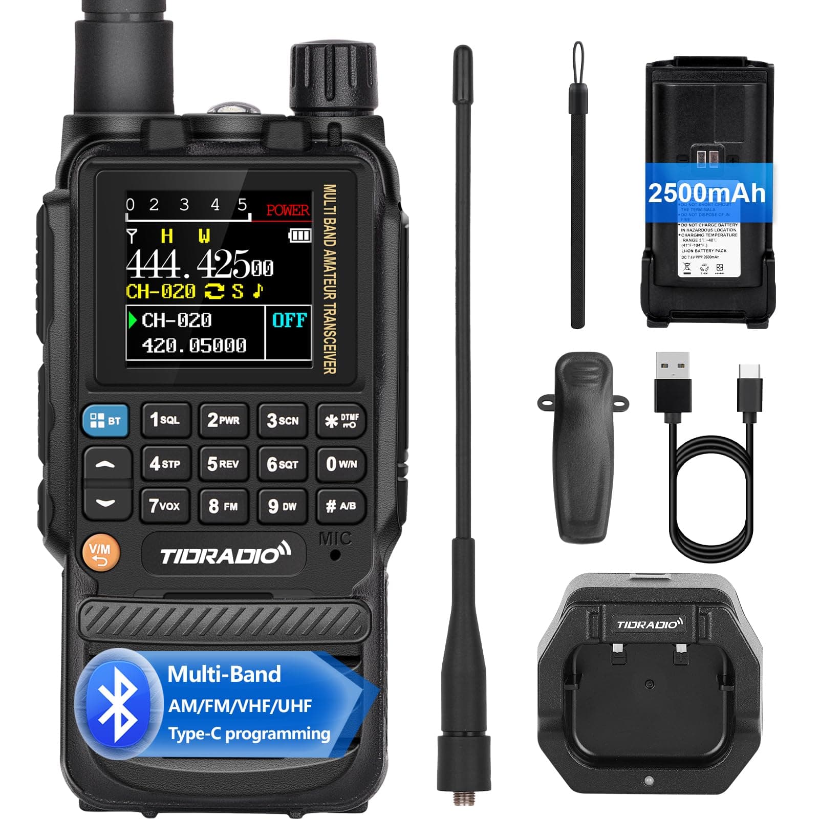 TIDRADIO TD-H3 Ham Radio,APP/Web Bluetooth Programming, 8-Band-Air Band, Freq Copy, DTMF, NOAA Weather, 2500mAh, Long Range Walkie Talkies, Two Way Radio Communication for Emergency Camping-1Pack