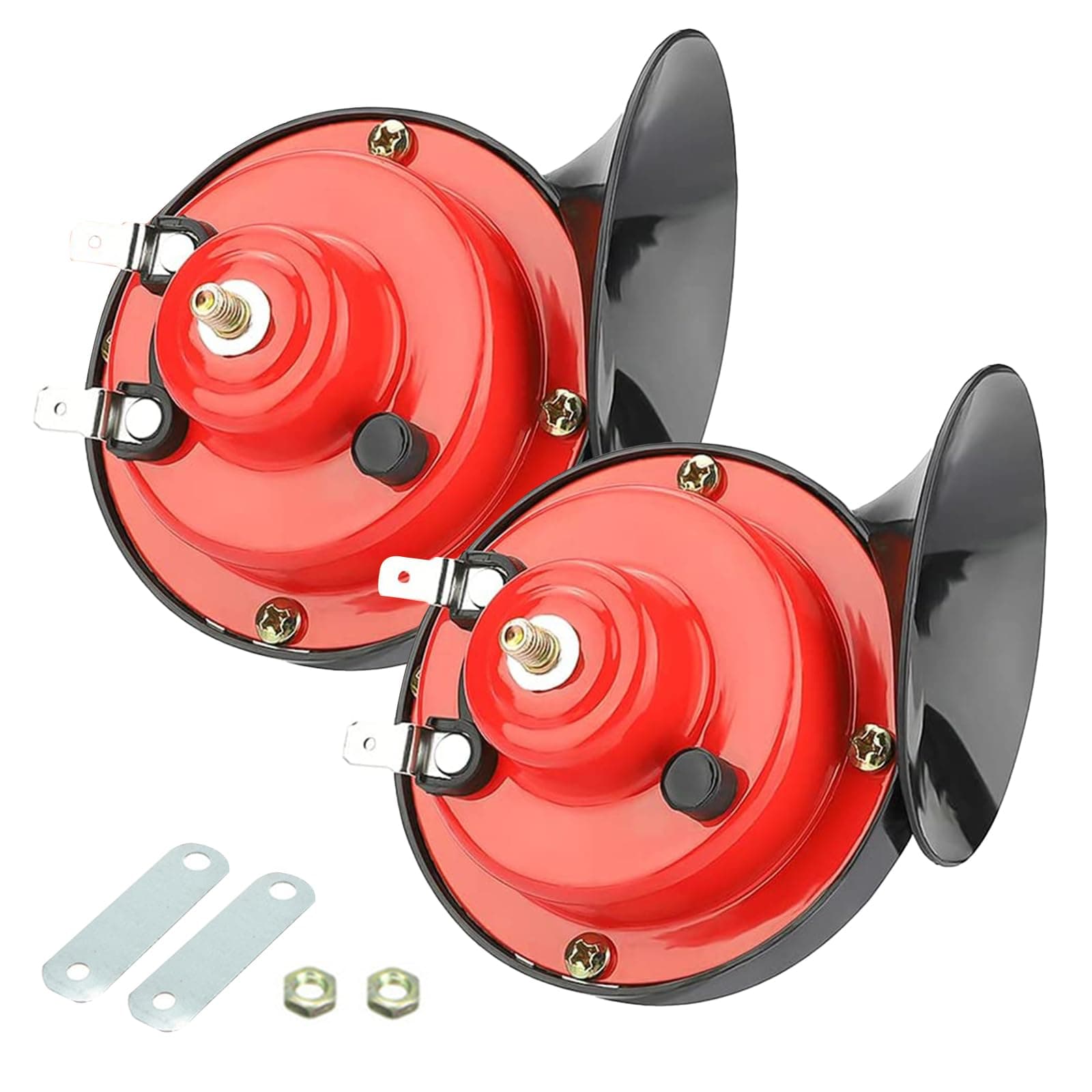 Pack-2 300DB Super Loud Train Horn, 12V Security Alarm Waterproof Speaker, Car Air Electric Snail Double Horn Replacement Kit, Fits for Most Cars Motorcycle, Truck, Bike (Red)