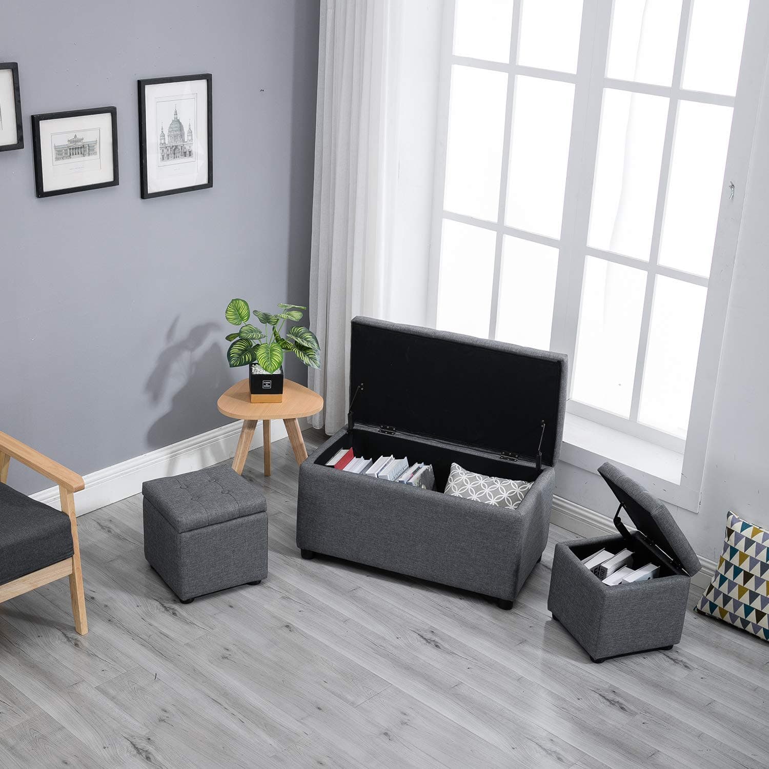 3 Piece Rectangular Cube Storage Ottoman Bench Set with Fabric Upholstery Grey