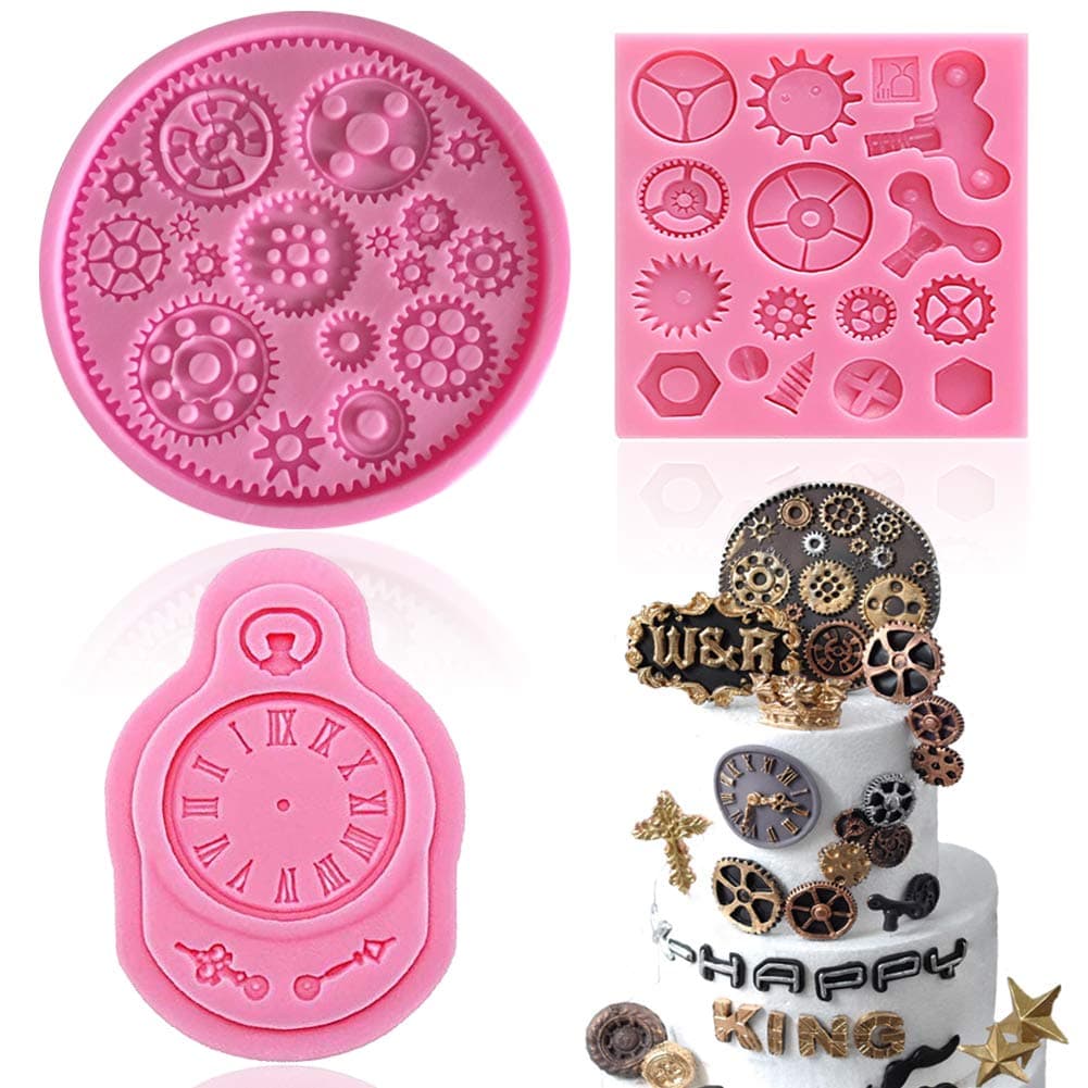 Vodolo 3 Pack Steampunk Cogs Mold, Clock Watch Wheel Gears Silicone Fondant Mold Chocolate Mold for Cupcake Toppers Party Cake Decoration etc.