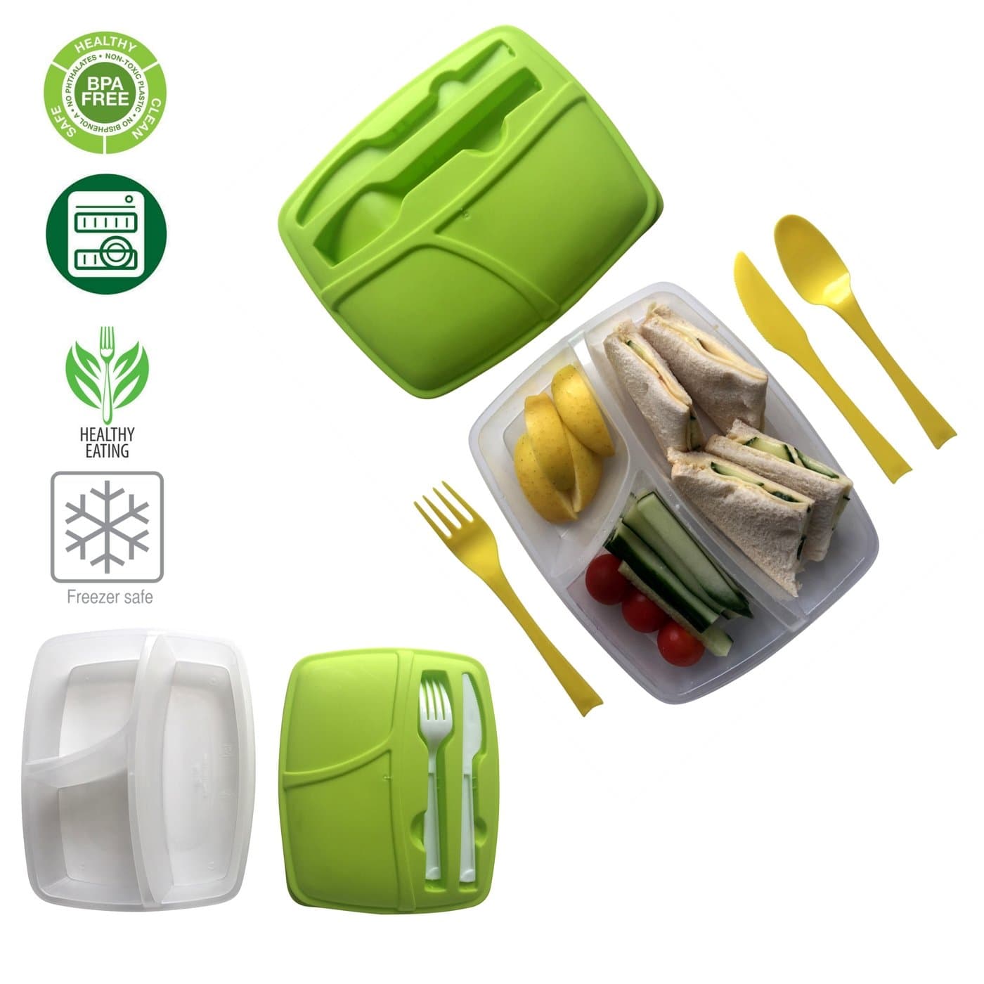 Compartment LunchBox with 3 sections Cutlery Set Food Storage Container with Lid BPA Free Microwavable Freezer Dishwasher Safe (Pink)