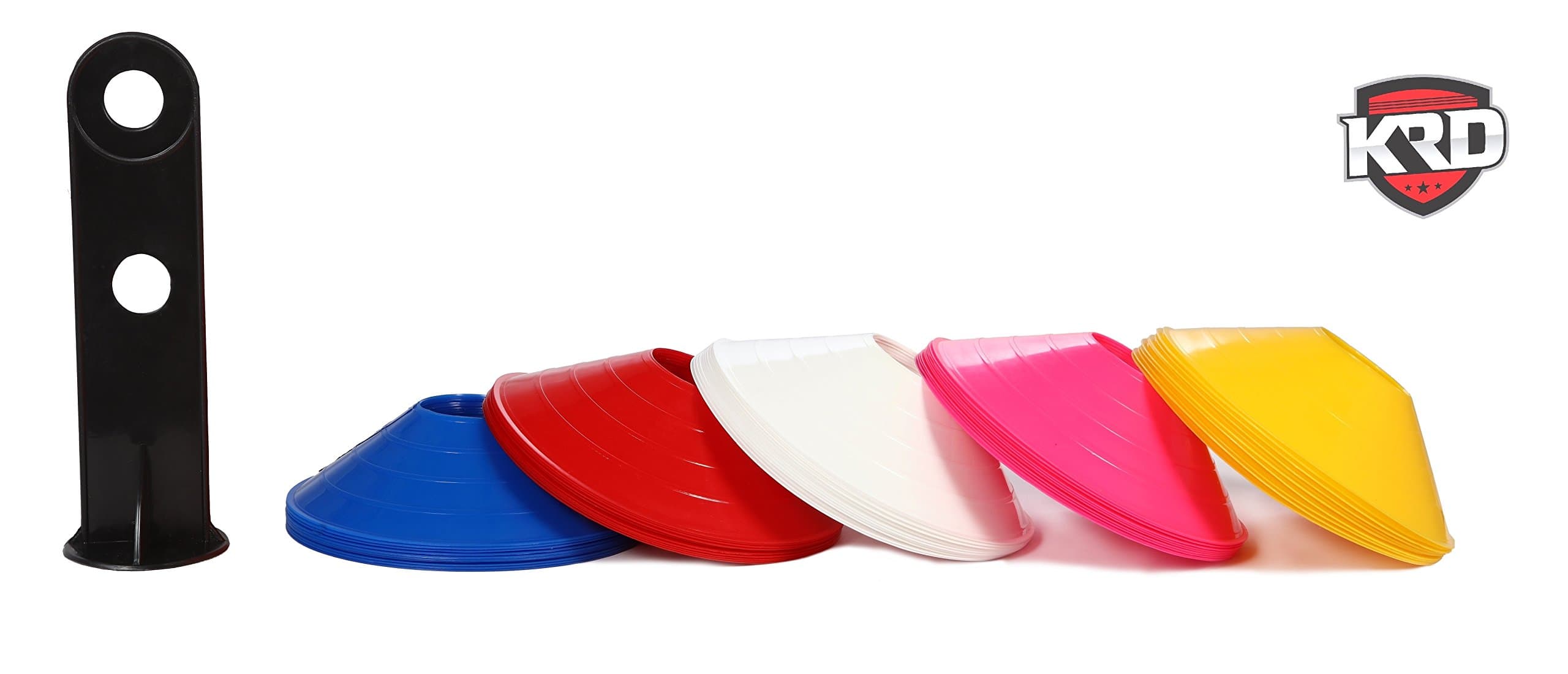 KRD Agility Soccer Multi Colored Disc Cones (Blue/Yellow/Red/White and Pink) with Carry Bag and Holder for Training, Football, Kids, Sports, Field Cone Markers