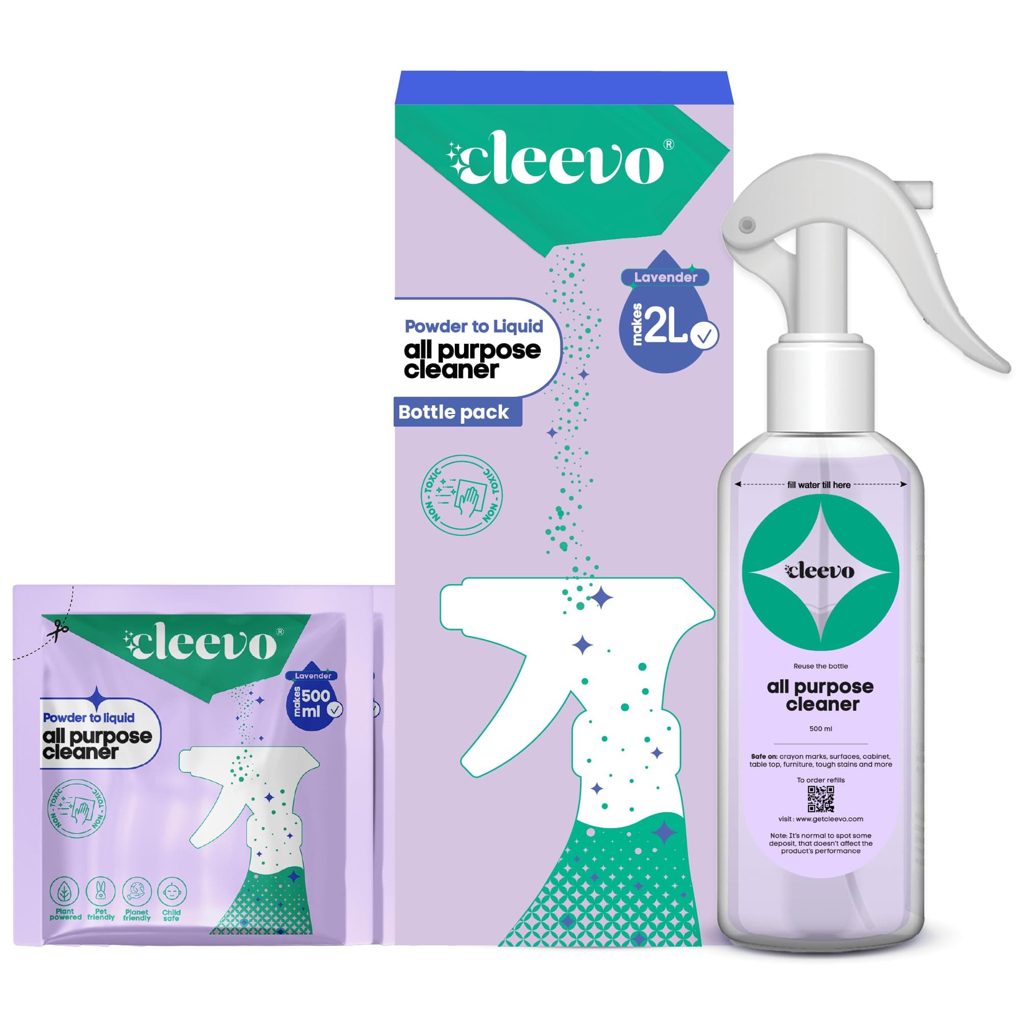 Cleevo All- Surface Cleaner- 2 Litre Bottle Pack | Plant-based Powerful Surface Cleaning Liquid for Tough Stains | Non-toxic Stain Remover for Home Surfaces Cleaning | Multi Surface Cleaner (Lavender)