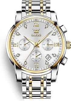 Men's Chronograph Watch, Gold Silver Stainless Steel Analog Quartz Watch, Waterproof Multi-Function Dial with Date Diamond Watches for Men