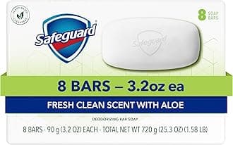 Safeguard Micellar Deep Cleansing Bath Bar Soap, Washes Away 99 Percent of Bacteria, Leaves Skin Soft, Made with Plant Based Cleansers, Fresh Clean Scent with Aloe, 3.2 oz (8 Count)
