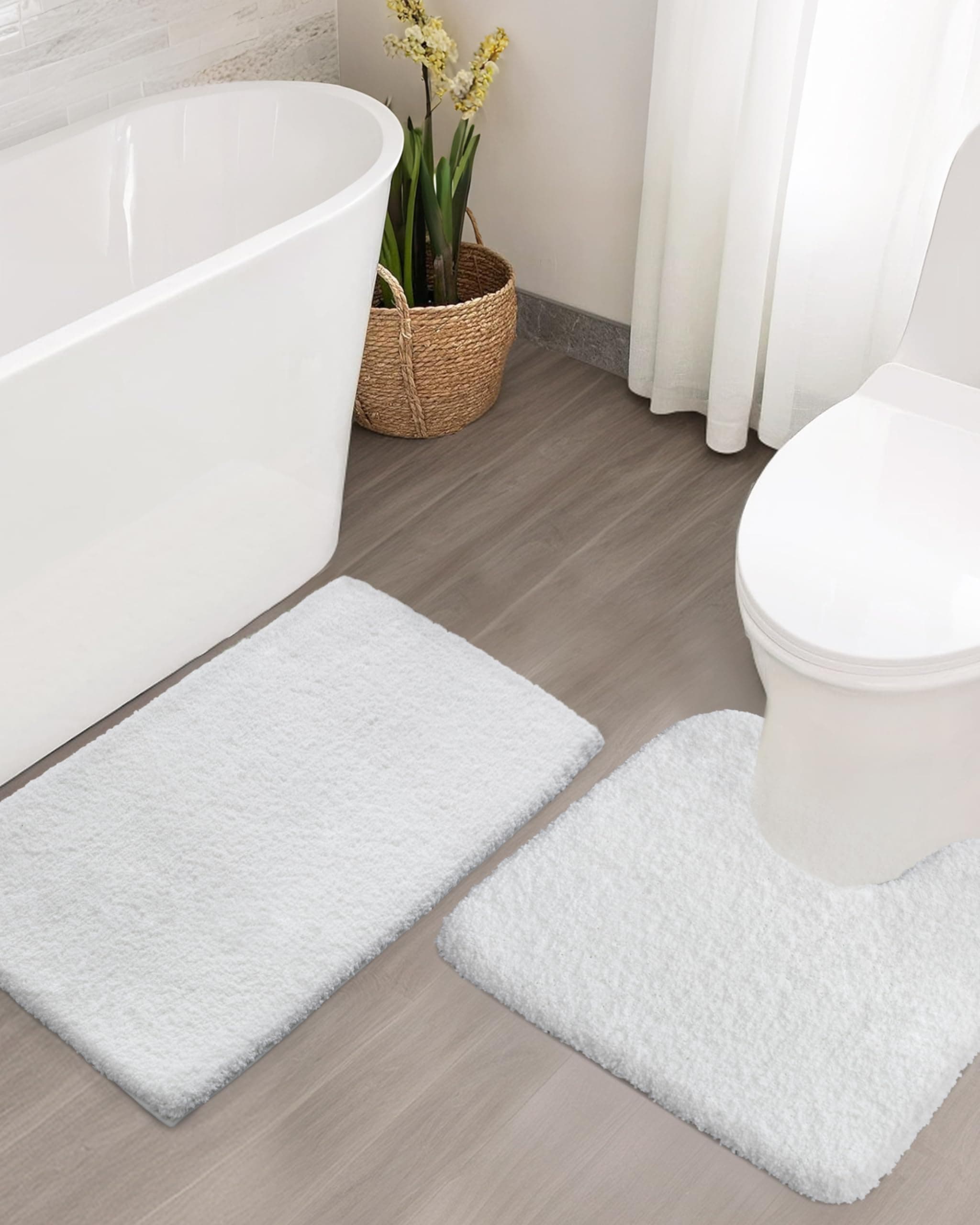 ILANGO2 Piece Bathroom Rugs Bath Mat Set, Dries Quickly,Non Slip Fluffy Shaggy Bath Washable Mats with U-Shaped Toilet Rug Set for Bathroom,Tub,Toilet (White,17" x 24" + 22" x 24")