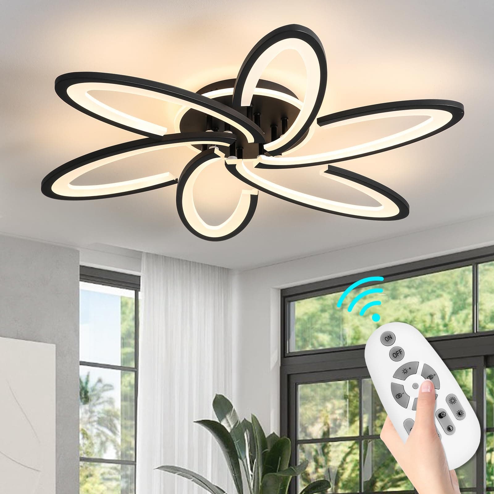 Modern LED Ceiling Light, 6+1 Rings 93W Dimmable Ceiling Light Fixtures 29.5" 3000K-6500K Flush Mount Black Flower Ceiling Lamp with Remote for Living Room,Bedroom,Kitchen