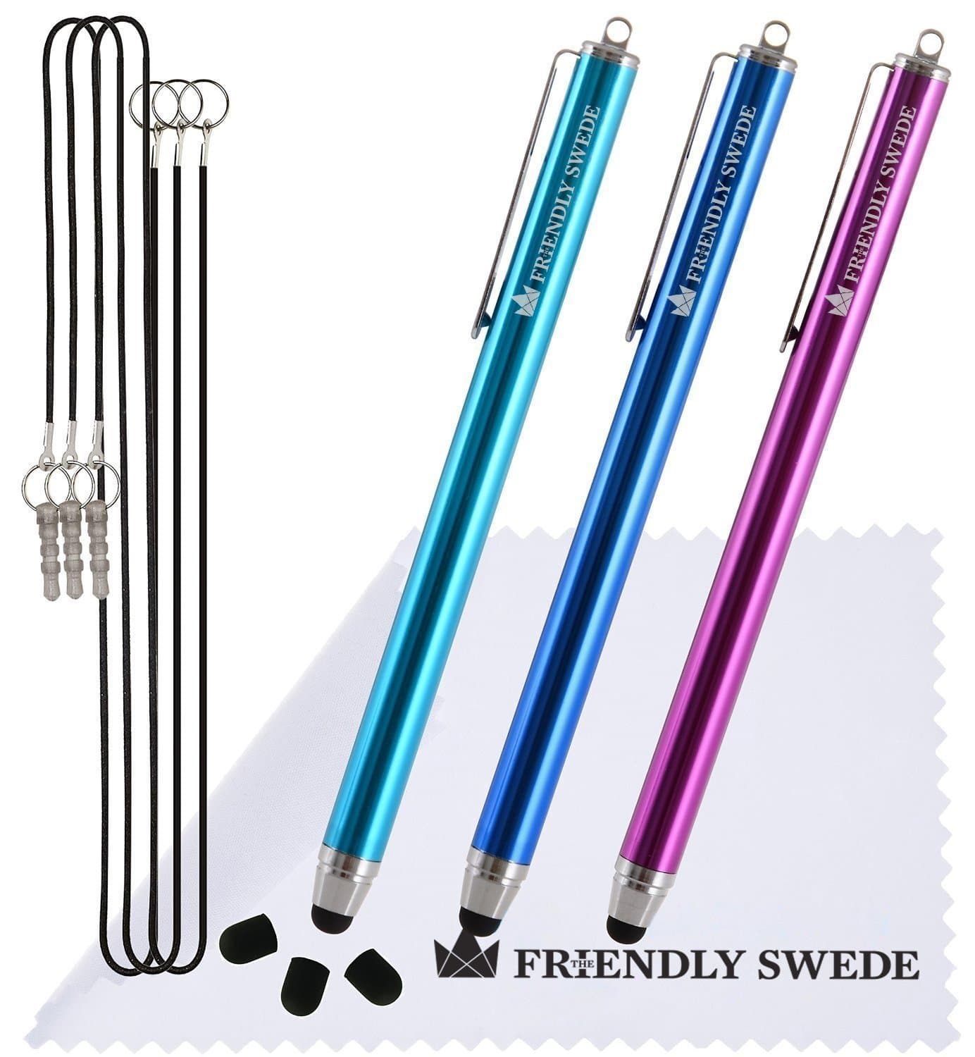 Stylus Pen for Touchscreen — 3-Pack 5.5" High Precision Stylus Pen with Replaceable Thin Tips, Elastic Lanyards & Screen Cleaning Cloth - Aqua Blue/Dark Blue/Purple