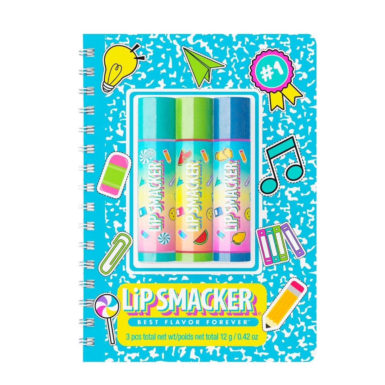 Lip Smacker Back to School Collection: Spiral Notebook Lip Balm Trio, 3-Piece Set With Cute Notebook for Kids, Fun Blue
