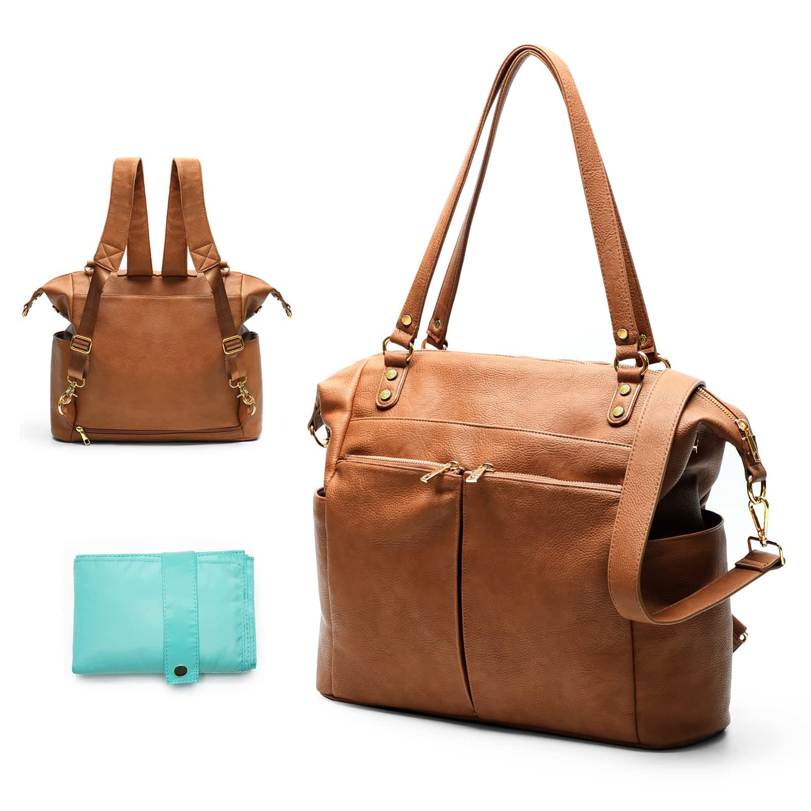 MISS FONGLeather Changing Backpack, Baby Backpack, Changing Backpack, Large Capacity with 13 Changing Bag Organiser, Changing Mat for Mum & Dad, Waterproof Backpack, Brown