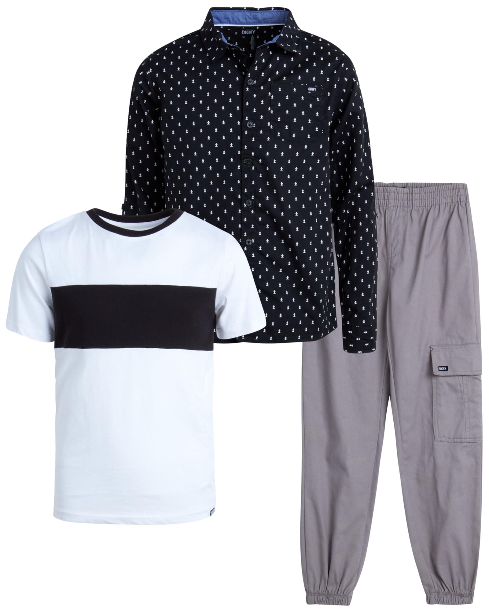 DKNYBoys' Pants Set - 3 Piece Long Sleeve Button Down Plaid Shirt, T-Shirt, Jogger Pants - Clothing Set for Boys (4-12)