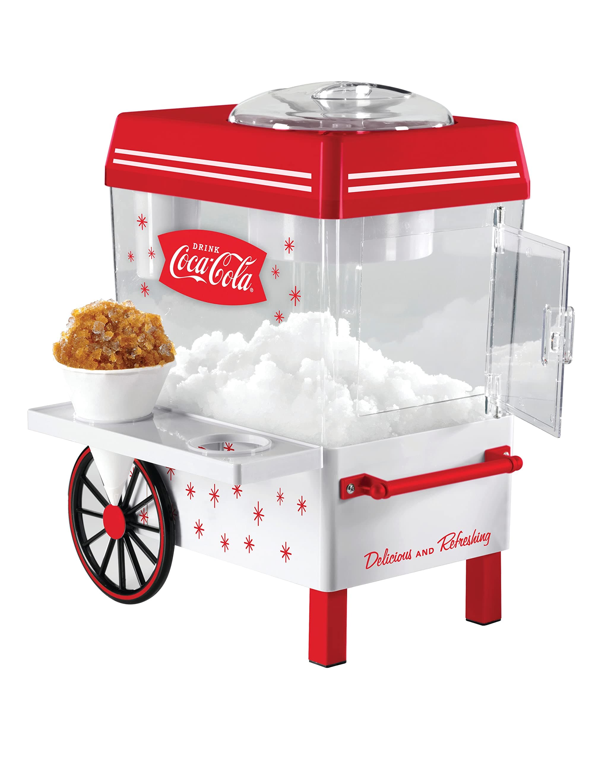 Nostalgia Coca-Cola Snow Cone Shaved Ice Machine - Coke Retro Table-Top Slushie Machine Makes 20 Icy Treats - Includes 2 Reusable Plastic Cups & Ice Scoop - White & Red