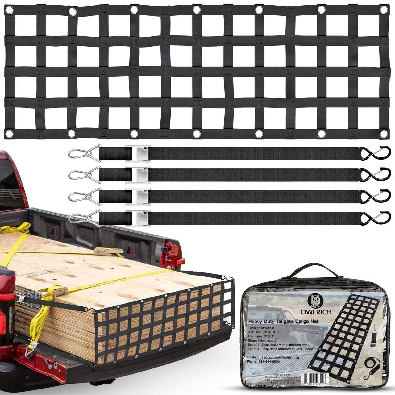 OWLRICH Heavy-Duty Tailgate Cargo Net, 54” X 18” - Durable Mesh with Snap Hooks & Straps for Full-Size Trucks, Enhanced UV Protection & Load Security, Fits Chevrolet, Ford, Toyota, GMC, Dodge RAM