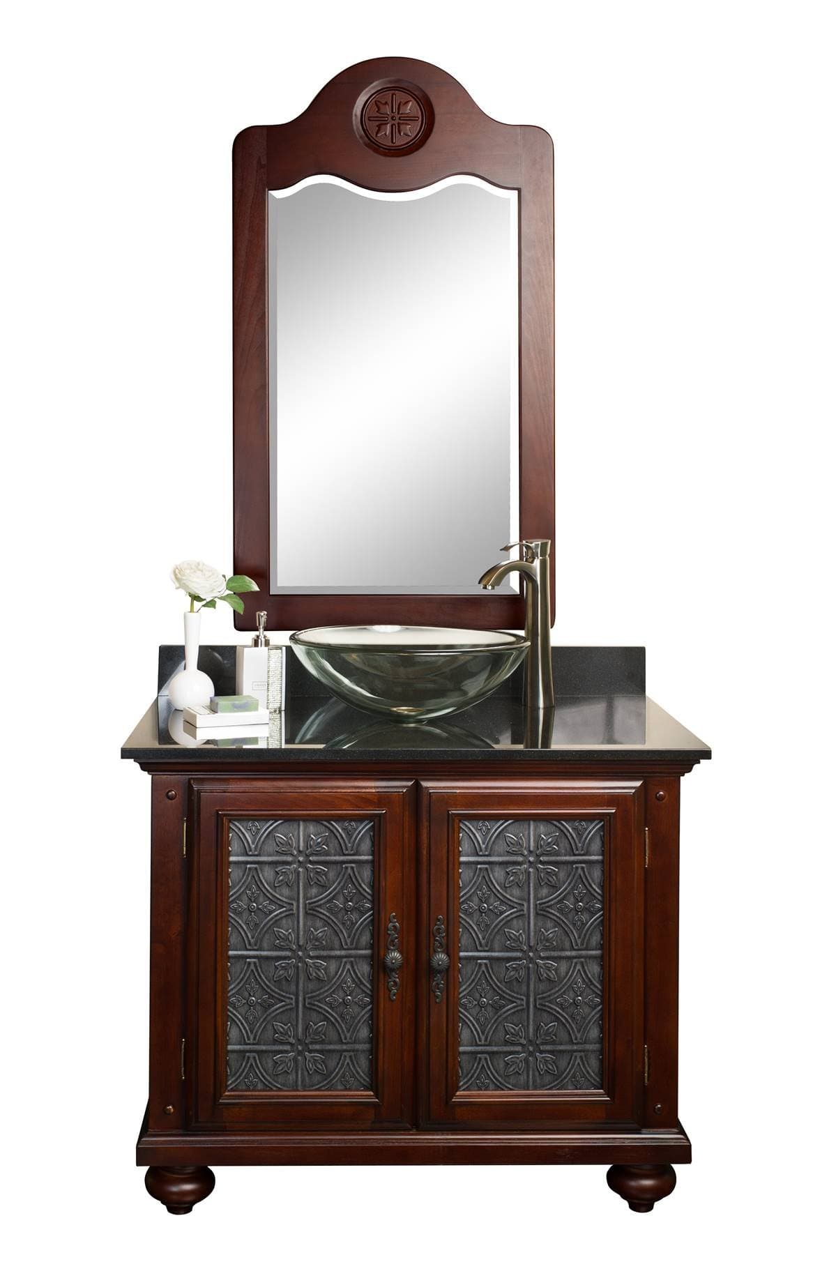 2500-3600-1005-BK Distressed Cherry Bath Vanity Set with Matching Vessel, Faucet, Black Granite Top and Vanity