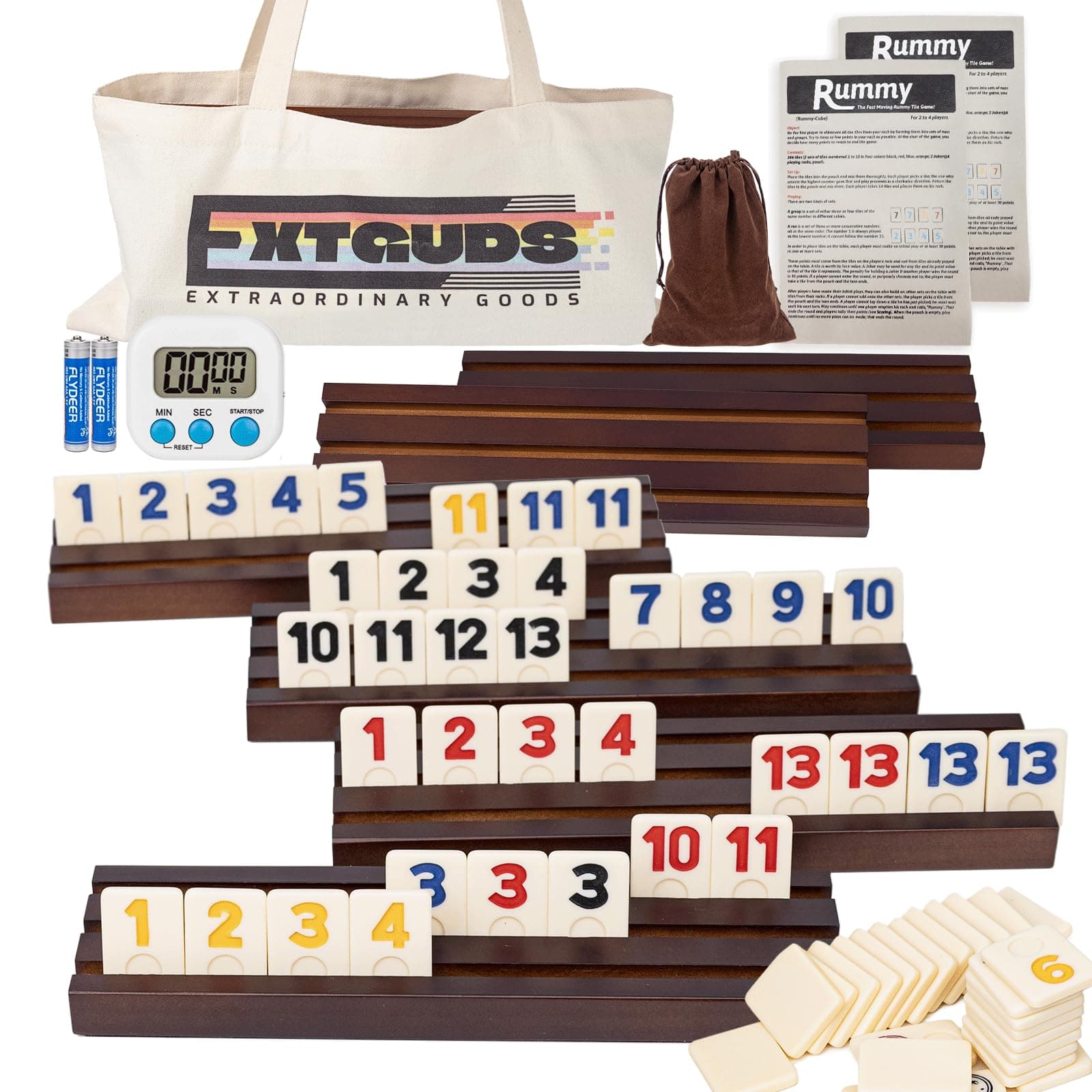 Extguds 6 Player Rummy Cube Game Set, Classic Large Tiles Game, With Wooden Racks/Trays, 160 Tiles, Portable Canvas Bag, 1 Timer, Storage Bag,For Family And Party