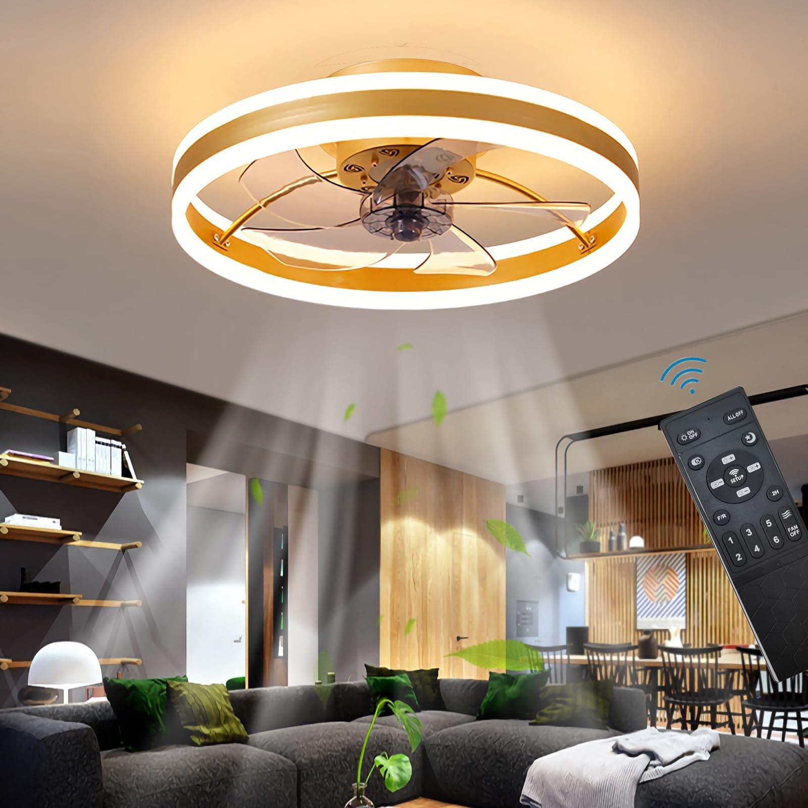 LED Ceiling Fan with Lights, Reversible Remote, 6 Speeds Modern Bedroom Fan Light, Quiet Dimmable Small Ceiling Light for Living Room, Gold 50CM
