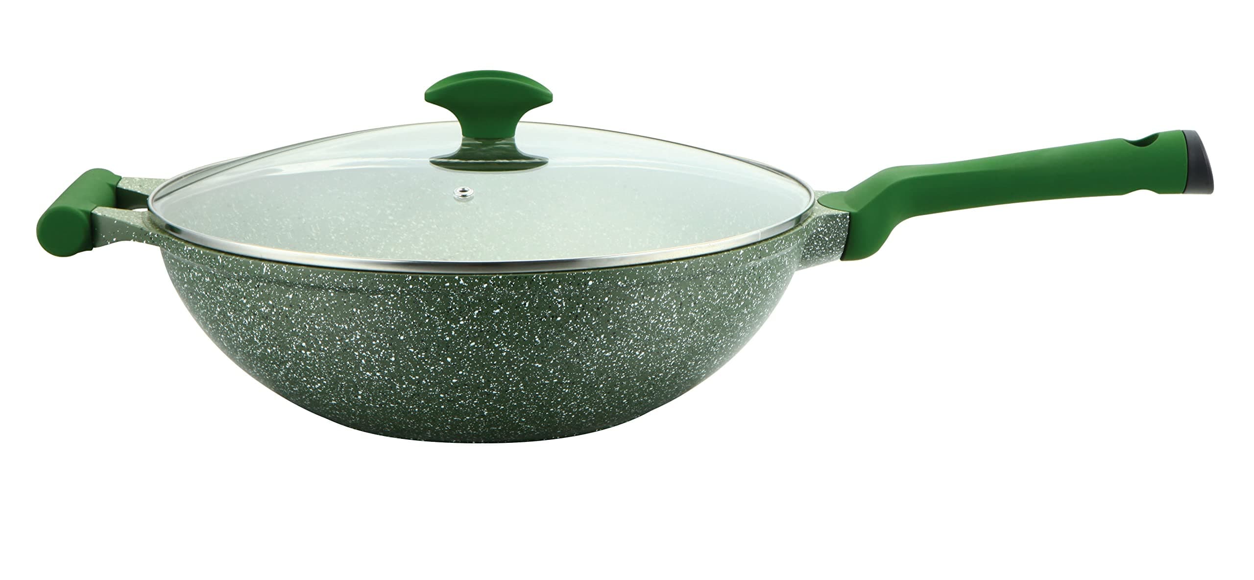 Prestige Essentials Wok Pan 32 Cm | Induction Compatible Non Stick Pan | Granite Coted Cooking Pot | Green - PR81118