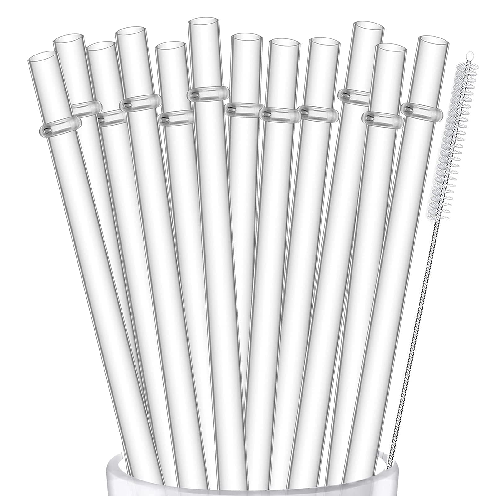12-Pack Reusable Hard Plastic Clear Straws, 10.5 inch Long Tumbler Straws for 16 OZ 20 OZ 30 OZ Stanley, YETI, Starbucks Tumblers with Cleaning Brush