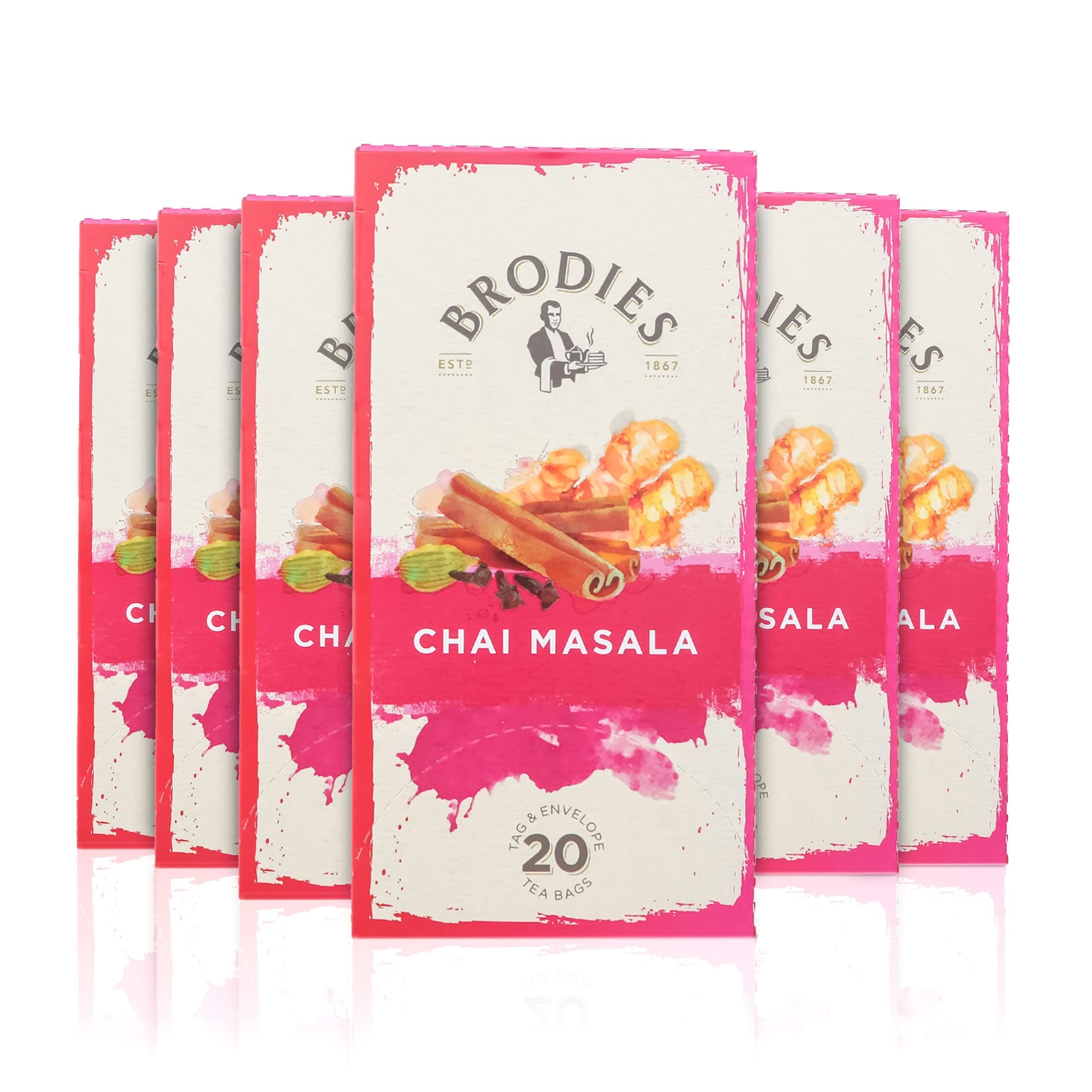 – Chai Masala Tea Tag and Envelope - 6 Tea Boxes of 20 Tea Bags each (120 Tea Bags) - Classic Indian Black Tea blended with Spices for a rich flavour and aroma
