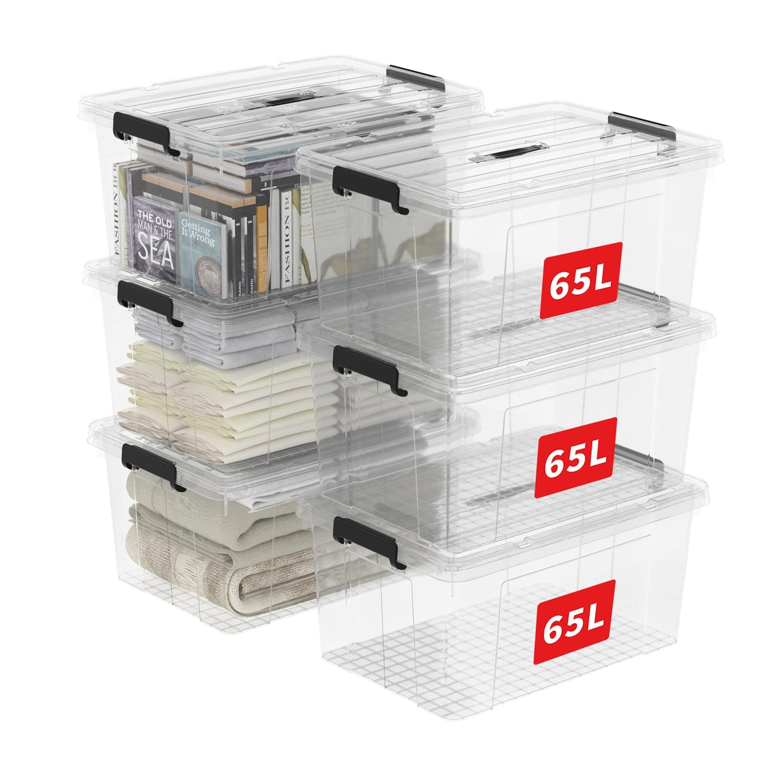 Cetomo 65L*6 Storage Boxes, Carry Plastic Storage Box with Lids, Clear Organizing Container with Handle and Secure Latches, Nestable & Stackable Tote Box for Home Office, 65L-6 Pack, Transparent