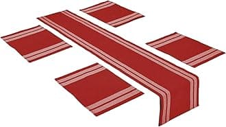 Encasa XOTable Runner and Placemats Set 4 | Fine Ribbed Cotton | Ladder Red | 1 Table Runner Size 13"x54" & Each Table Mat Size 19x13 Inch