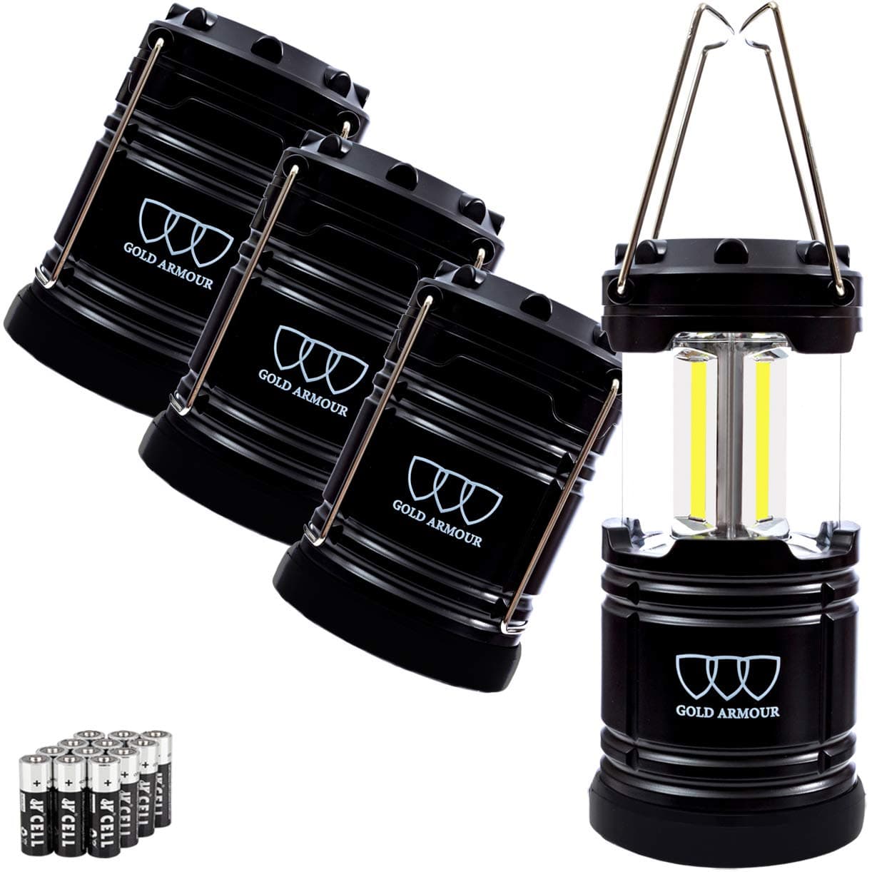 Gold Armour 4 Pack LED Camping Lantern Portable Flashlight with 12 aa Batteries - Survival Kit for Emergency, Hurricane, Power Outage Christmas (500 Lumens)