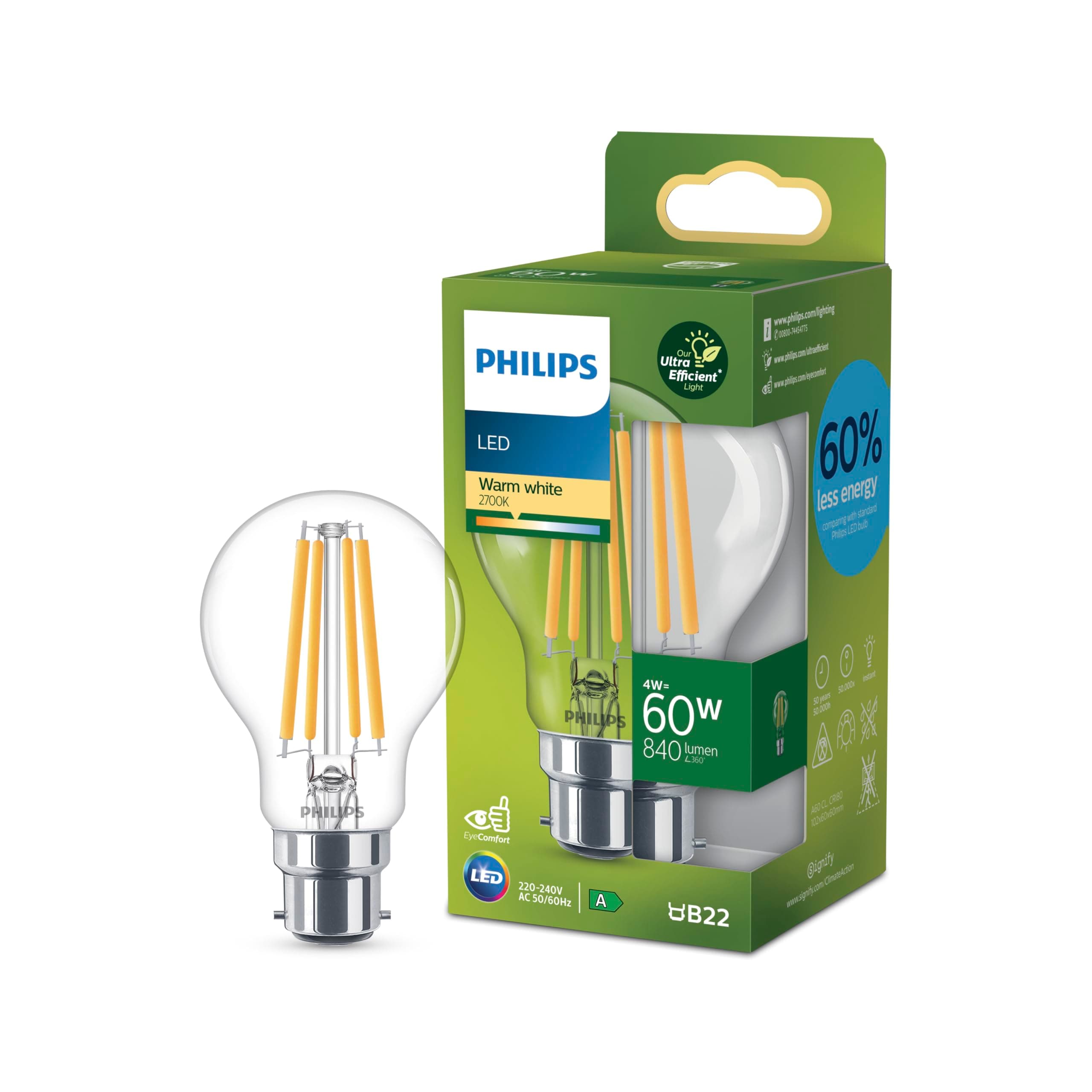 Philips Ultra Efficient - Ultra energy saving lights, LED light source, 60W, A60, B22 Warm White 2700 kelvin, clear
