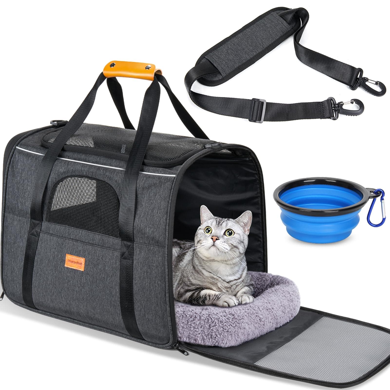 Cat Carrier - Cat Carrier Soft for Medium or Large Cats up to 20lbs, with Dual-Sided Cushion, Secure Buckle and Foldable Bowl, Dog Carriers for Small Dogs - Pet Carrier (Dark Gray)