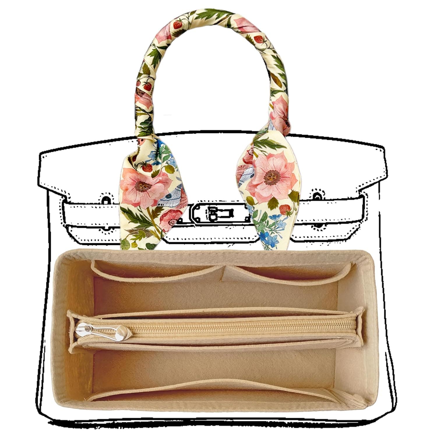 Purse Organizer Insert For Birkin 30 Bag, Felt Insert Organizer With Zipper, Large Capacity Handbags Insert Organizer & Purse Divider (30,Beige)