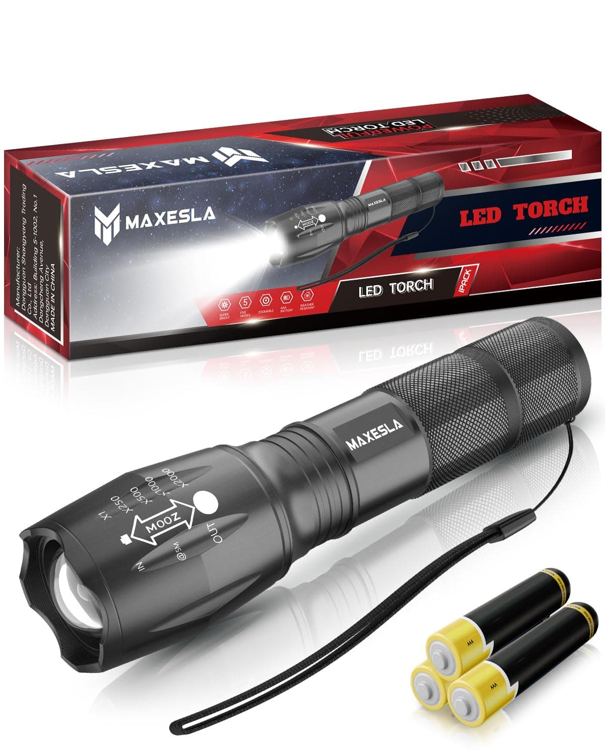 Maxesla LED Torch 2000 Lumens, Zoomable, Super Bright LED Torch Light, Powerful Battery Powered, Water Resistant, Mini Tactical Flashlight, Outdoor Camping, 3 AAA Batteries